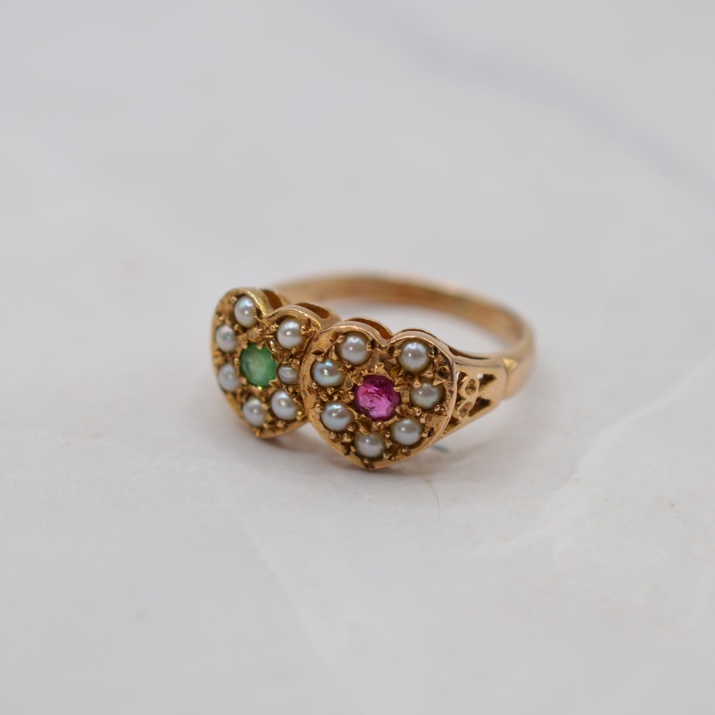 1970s Vintage 9ct Gold Emerald, Ruby & Pearl Double Heart Ring