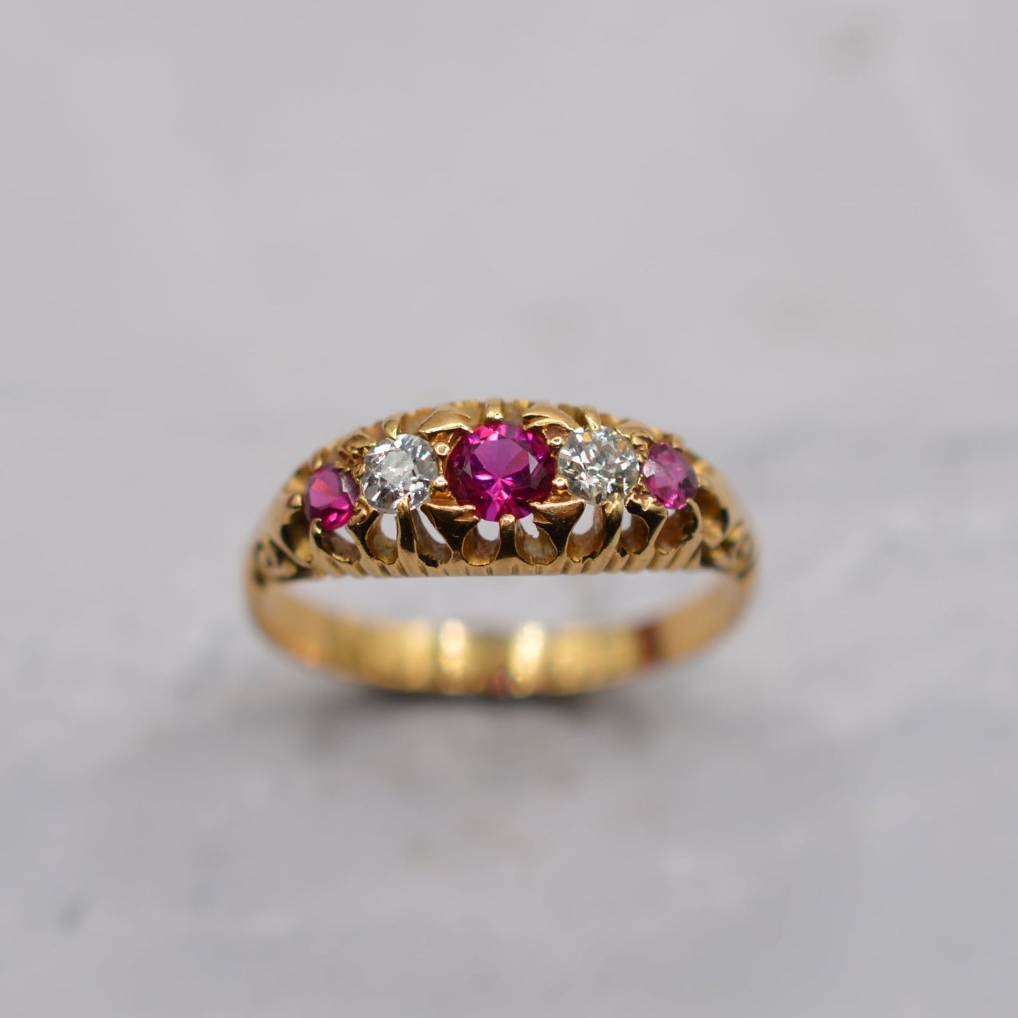 Antique 1907 Edwardian 18ct Gold Ruby & Diamond Five-Stone Ring