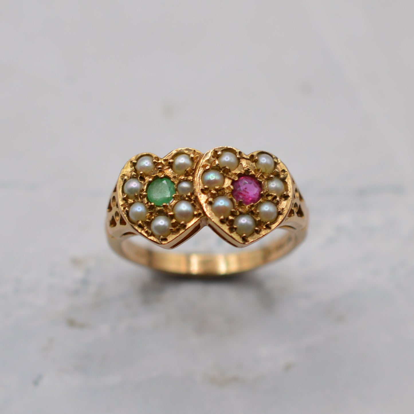 1970s Vintage 9ct Gold Emerald, Ruby & Pearl Double Heart Ring