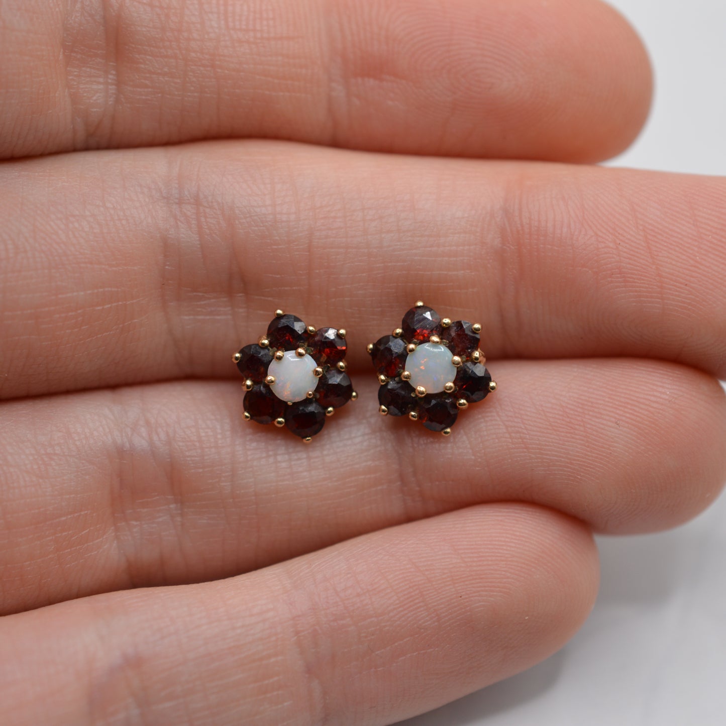 9ct Gold Opal & Garnet Floral Cluster Stud Earrings