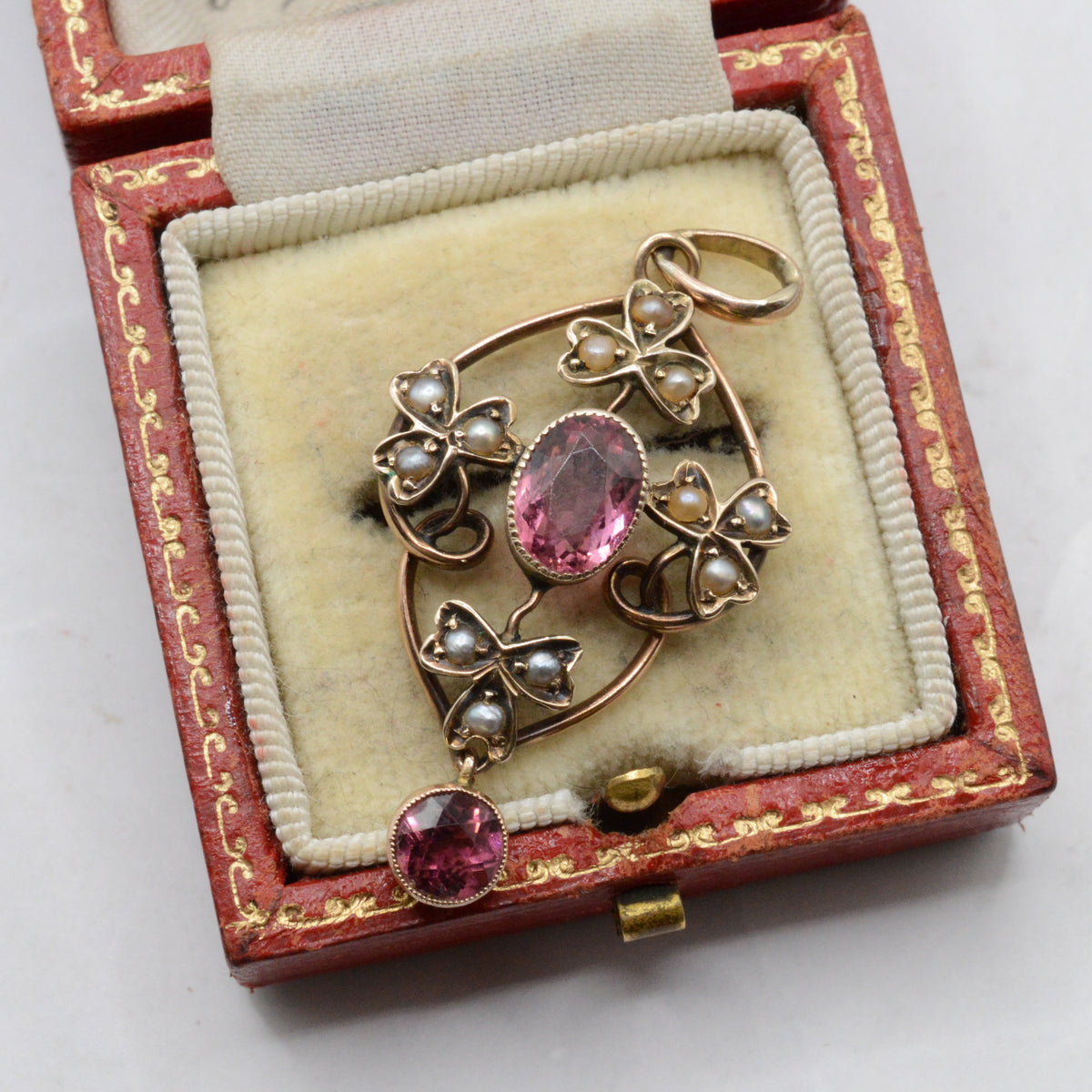 Antique Art Nouveau 9ct Gold Pink Tourmaline & Pearl Pendant