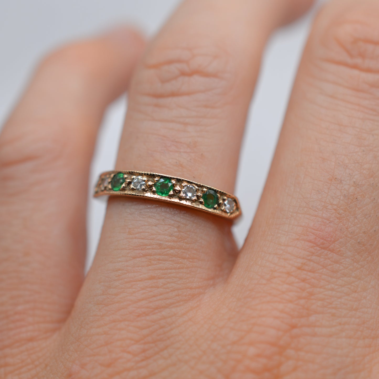 1980s Vintage 9ct Gold Emerald & Diamond Half-Eternity Ring