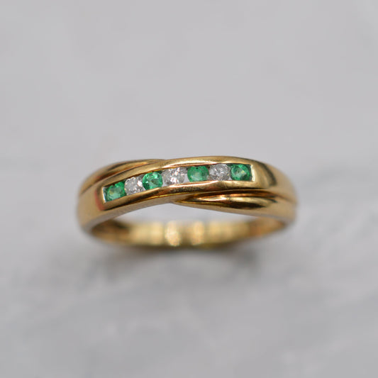 9ct Gold Emerald & Diamond Crossover Half-Eternity Ring