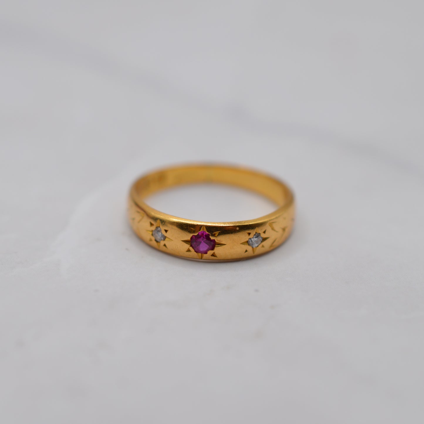 1950s Vintage 22ct Gold Ruby & Diamond Gypsy Trilogy Ring