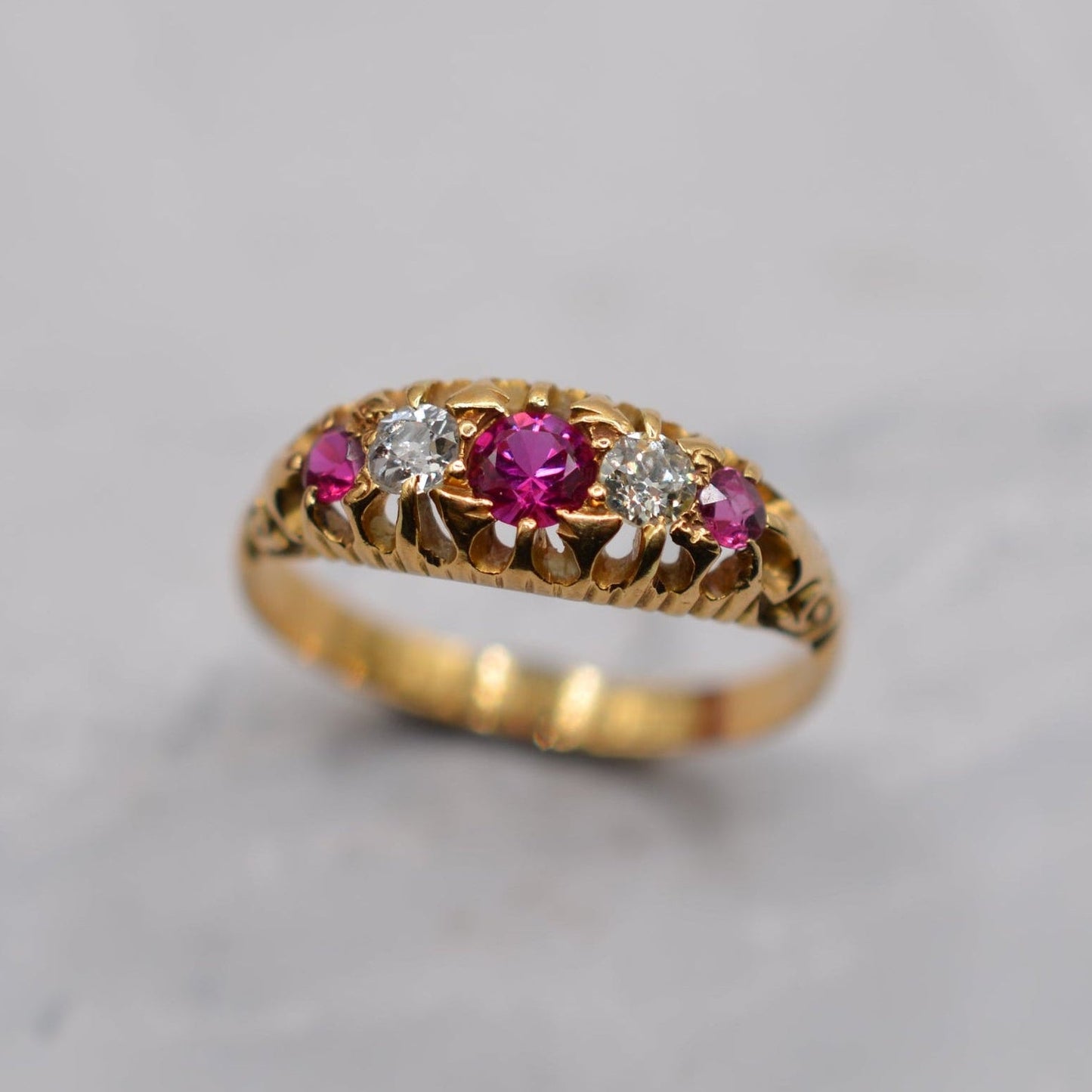 Antique 1907 Edwardian 18ct Gold Ruby & Diamond Five-Stone Ring