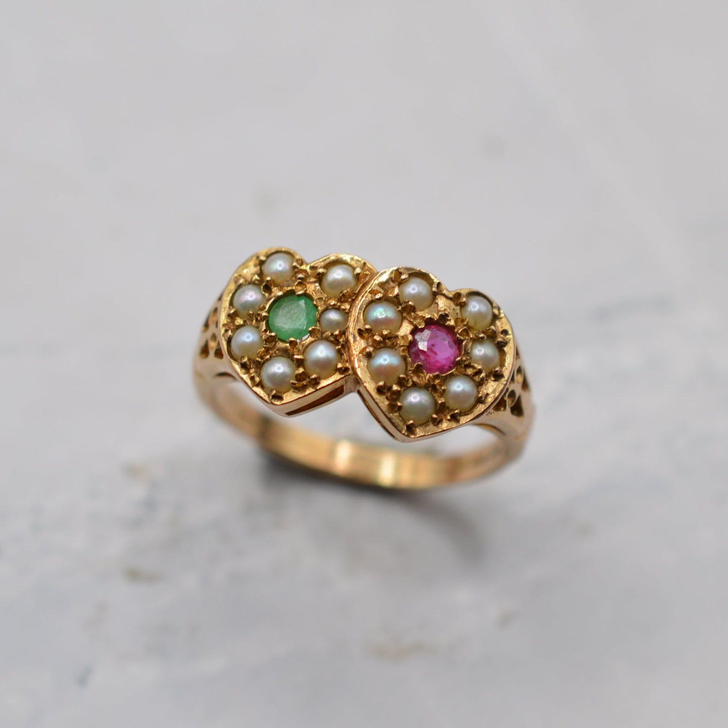 1970s Vintage 9ct Gold Emerald, Ruby & Pearl Double Heart Ring