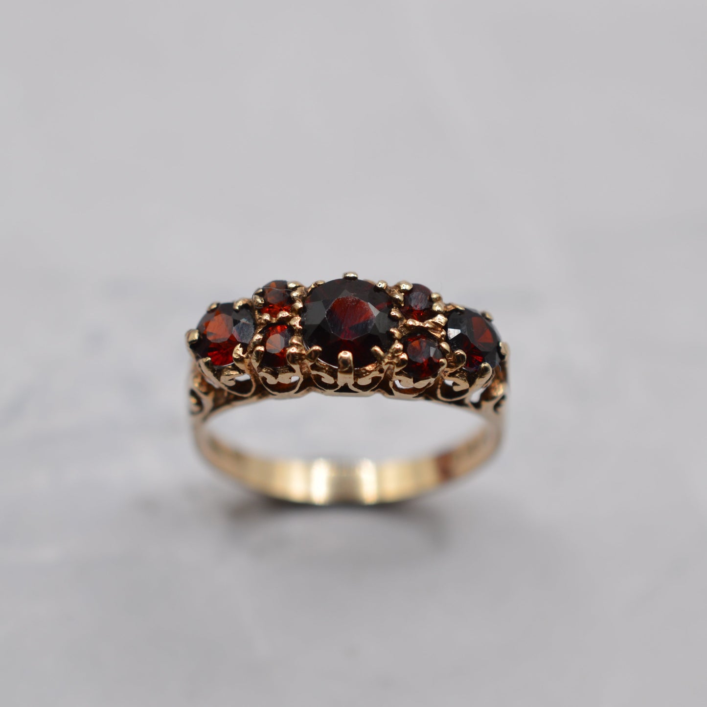 1970s Vintage 9ct Gold Garnet Seven-Stone Ring