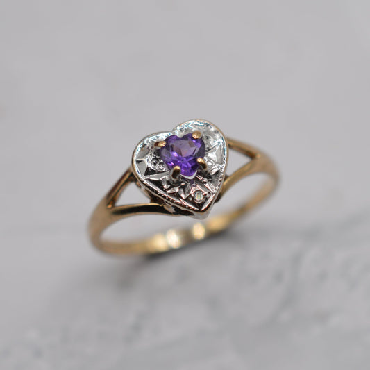 9ct Gold Amethyst & Diamond Heart Ring