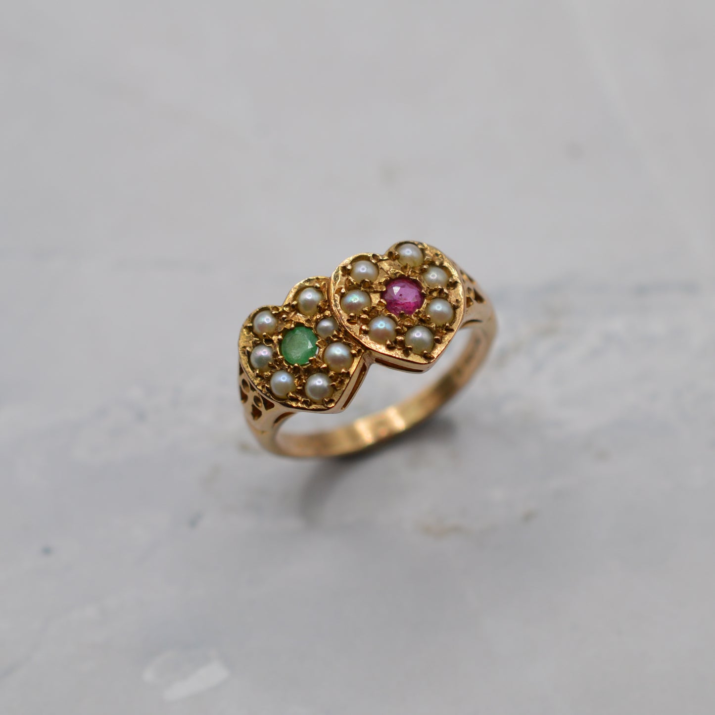 1970s Vintage 9ct Gold Emerald, Ruby & Pearl Double Heart Ring
