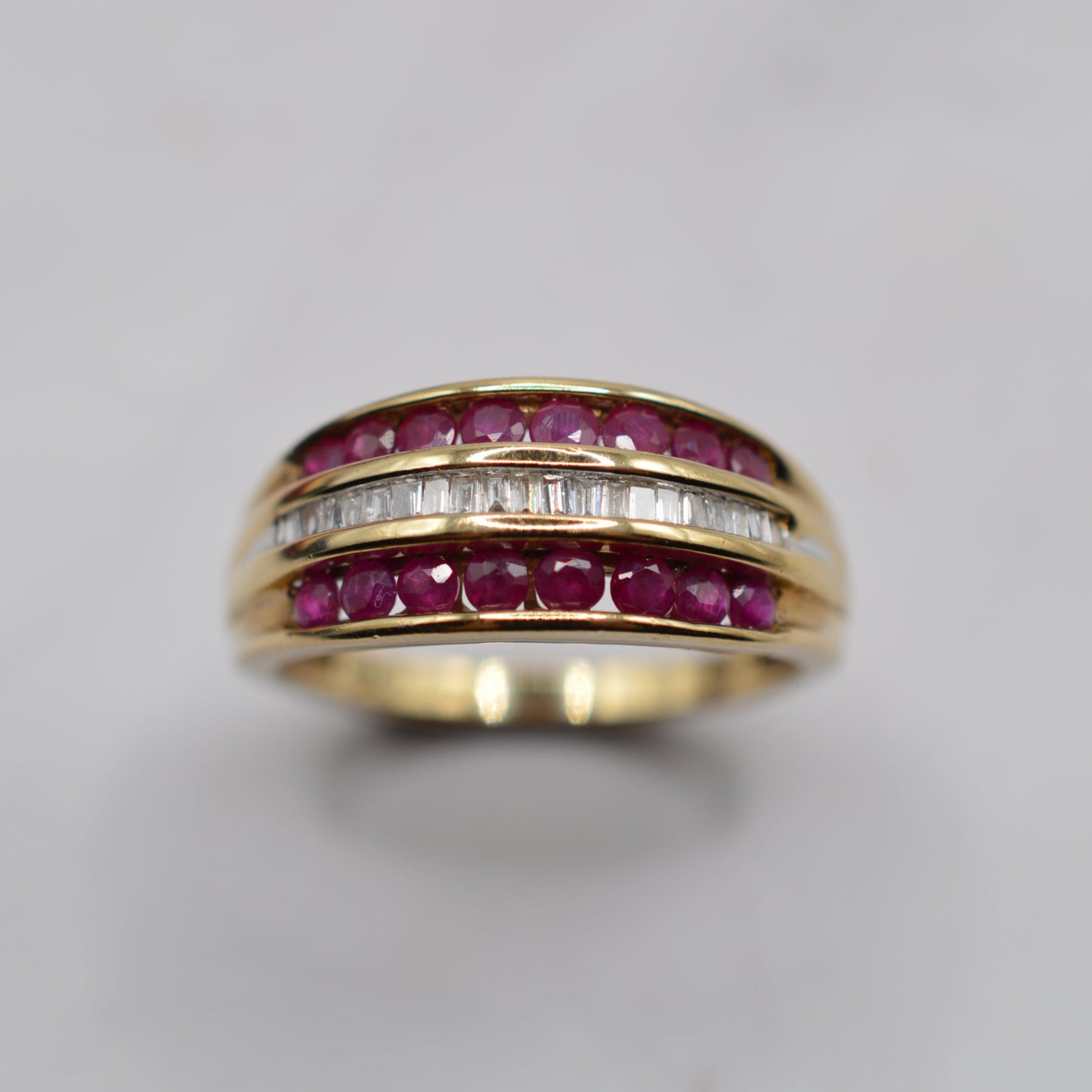 Chunky Y2K Vintage 9ct Gold Ruby & Diamond Triple-Row Ring