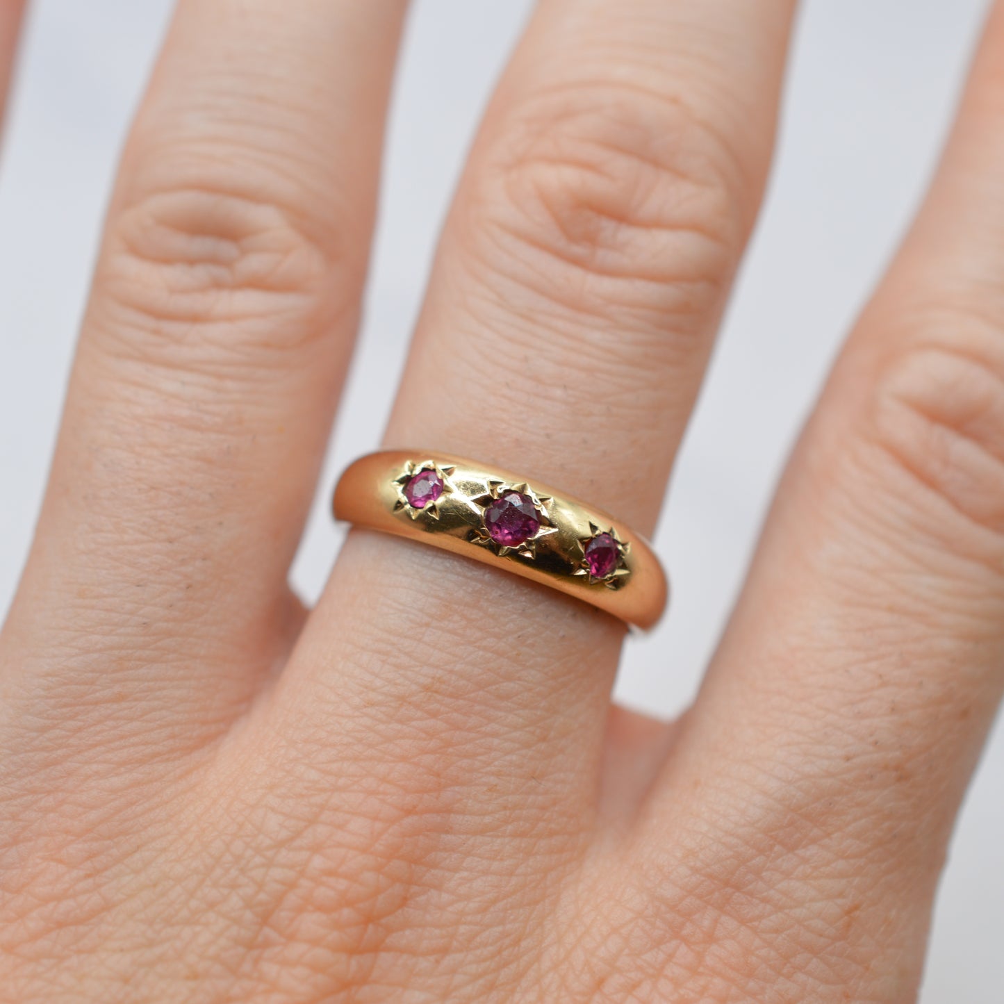 1970s Vintage 9ct Gold Ruby Trilogy Gypsy Ring