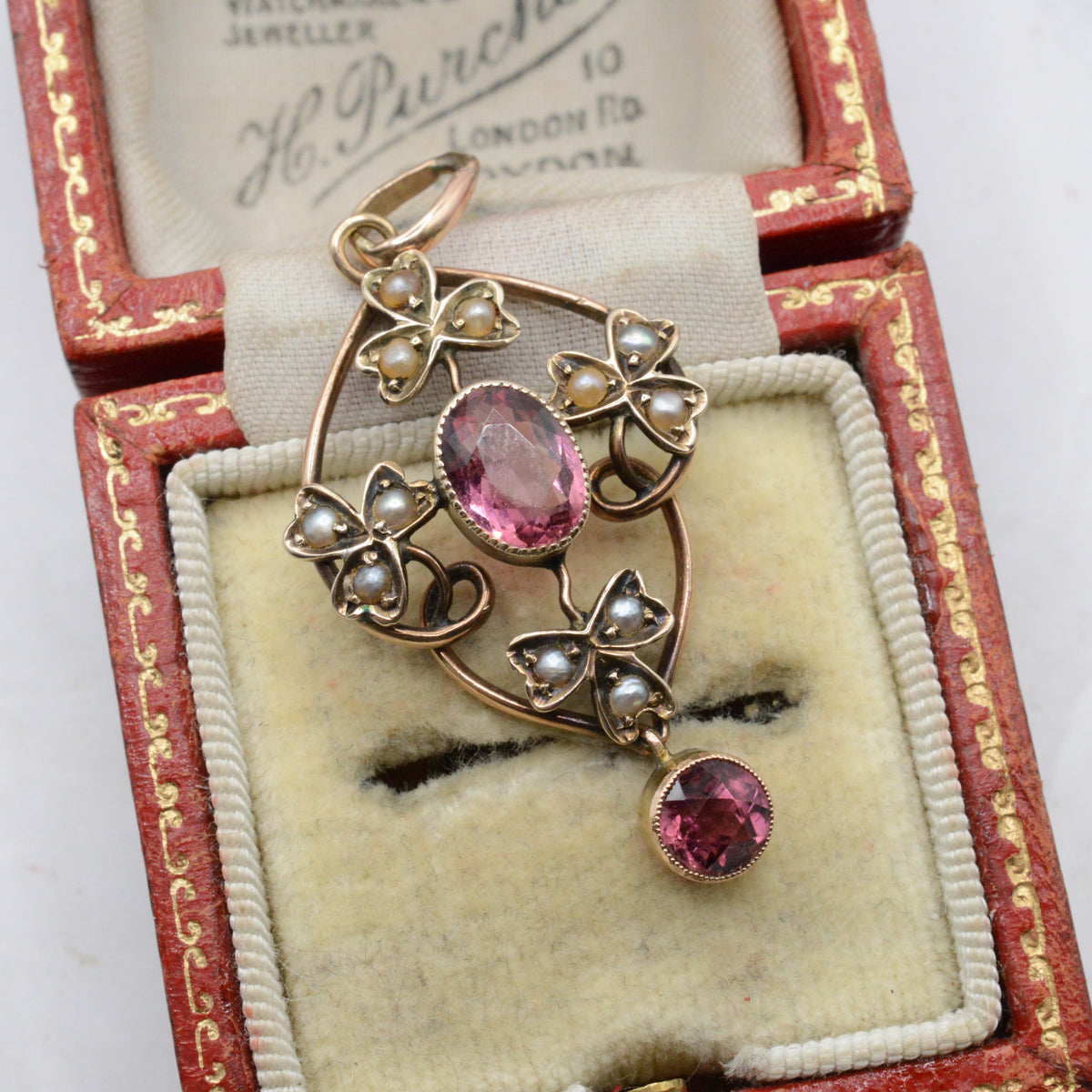 Antique Art Nouveau 9ct Gold Pink Tourmaline & Pearl Pendant