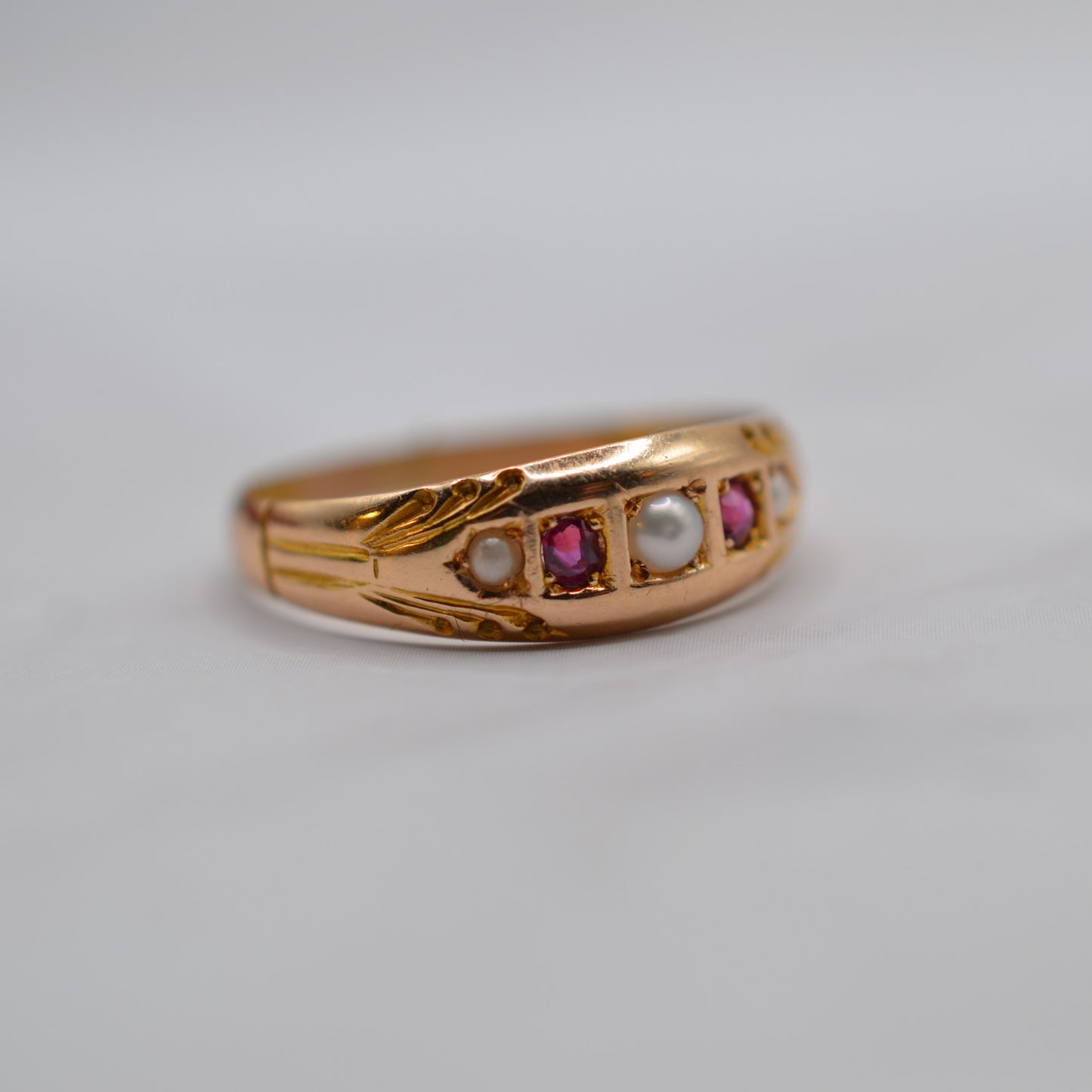 1890s Late Victorian Antique 15ct Gold Ruby & Pearl Gypsy Ring