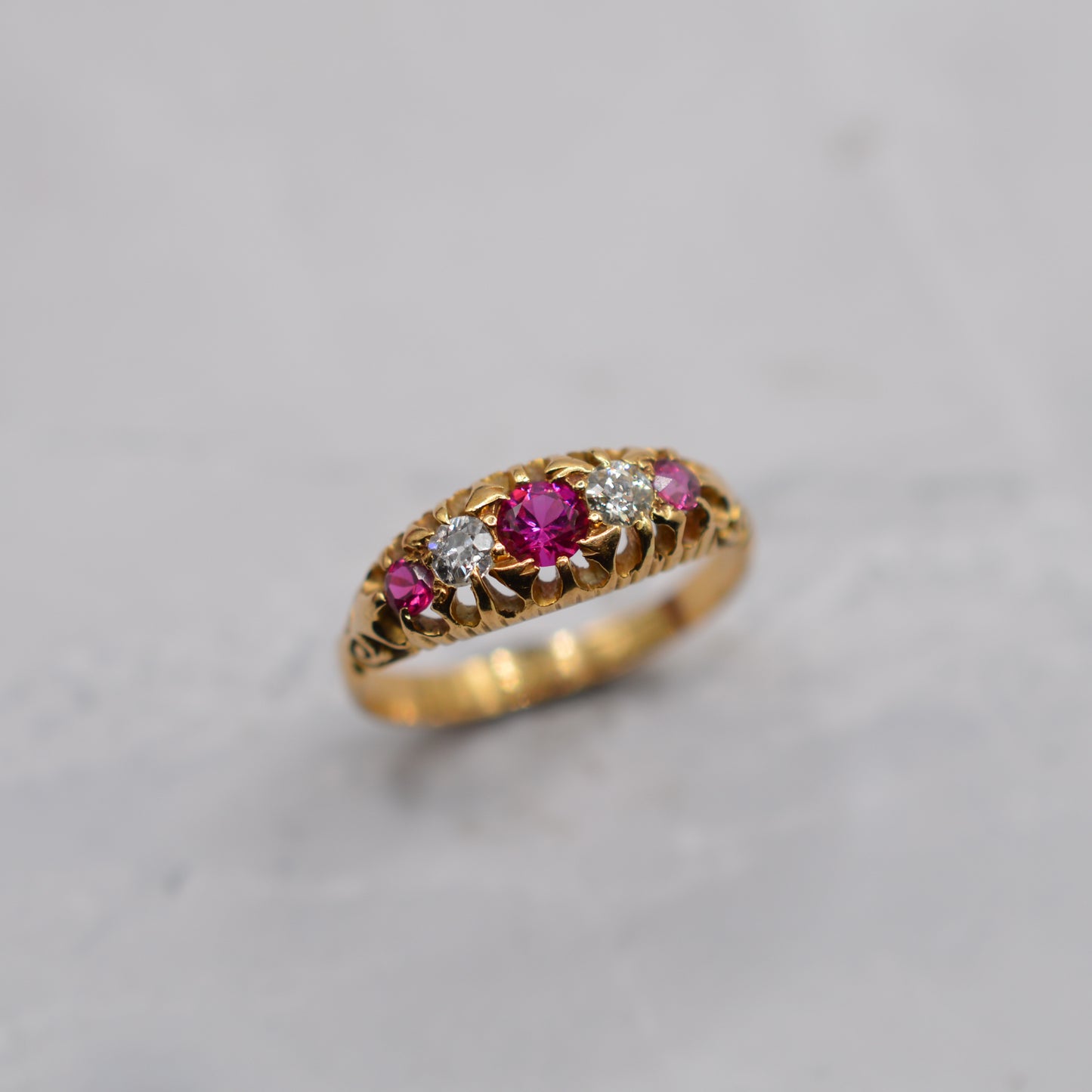 Antique 1907 Edwardian 18ct Gold Ruby & Diamond Five-Stone Ring