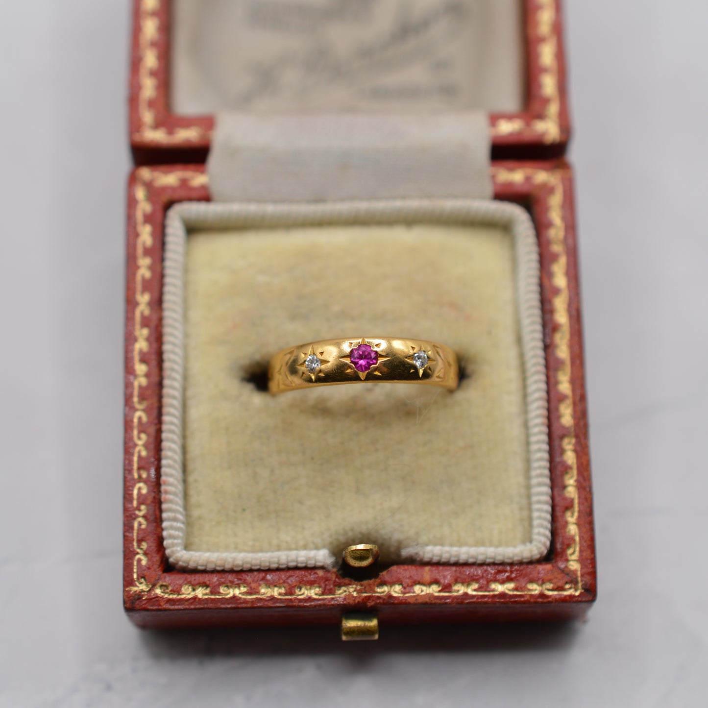 1950s Vintage 22ct Gold Ruby & Diamond Gypsy Trilogy Ring
