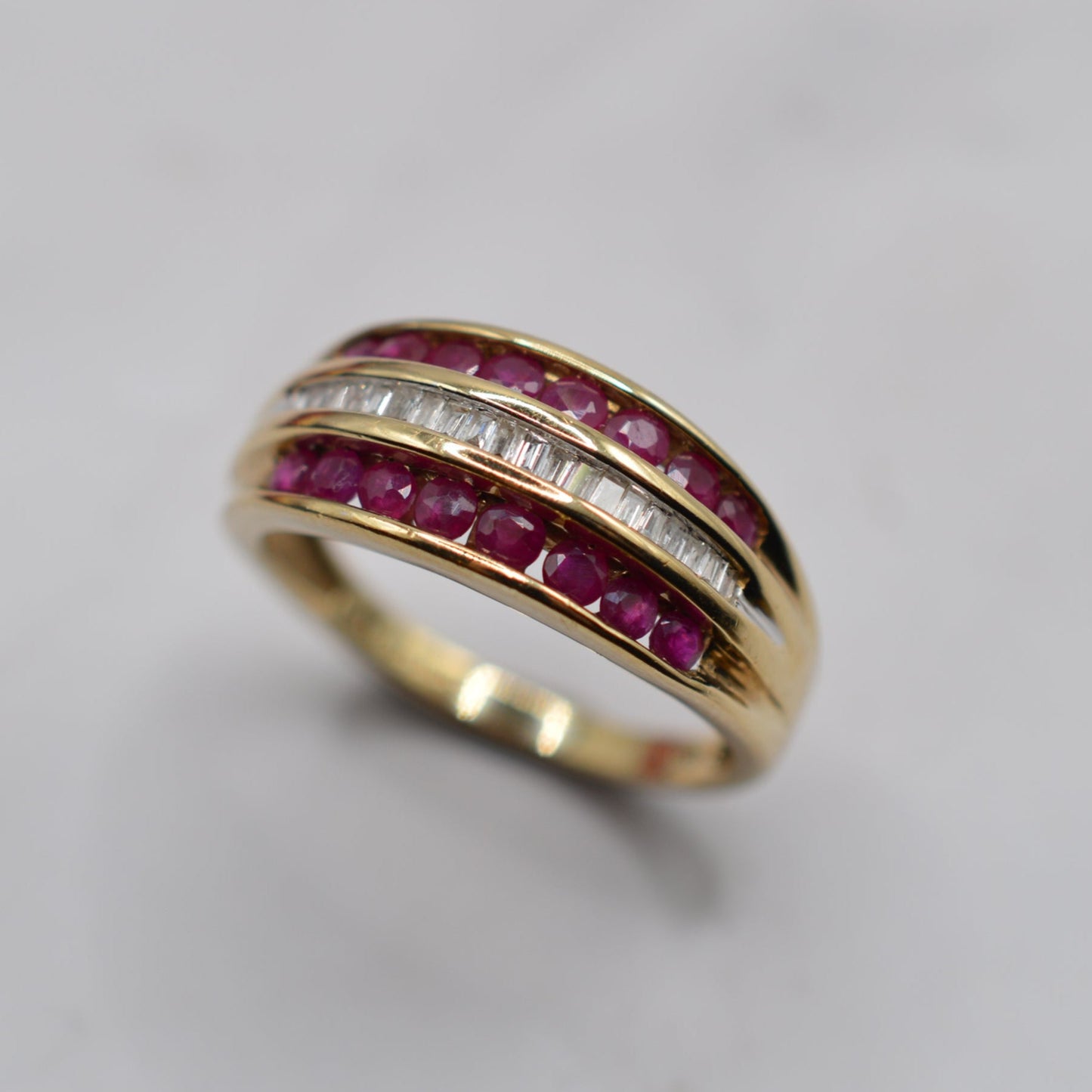 Chunky Y2K Vintage 9ct Gold Ruby & Diamond Triple-Row Ring