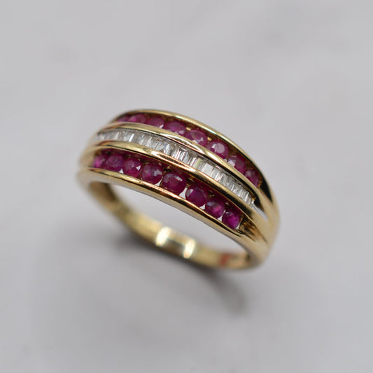 Chunky Y2K Vintage 9ct Gold Ruby & Diamond Triple-Row Ring