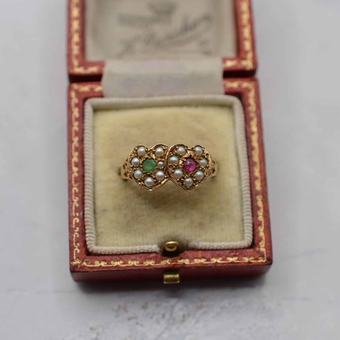 1970s Vintage 9ct Gold Emerald, Ruby & Pearl Double Heart Ring
