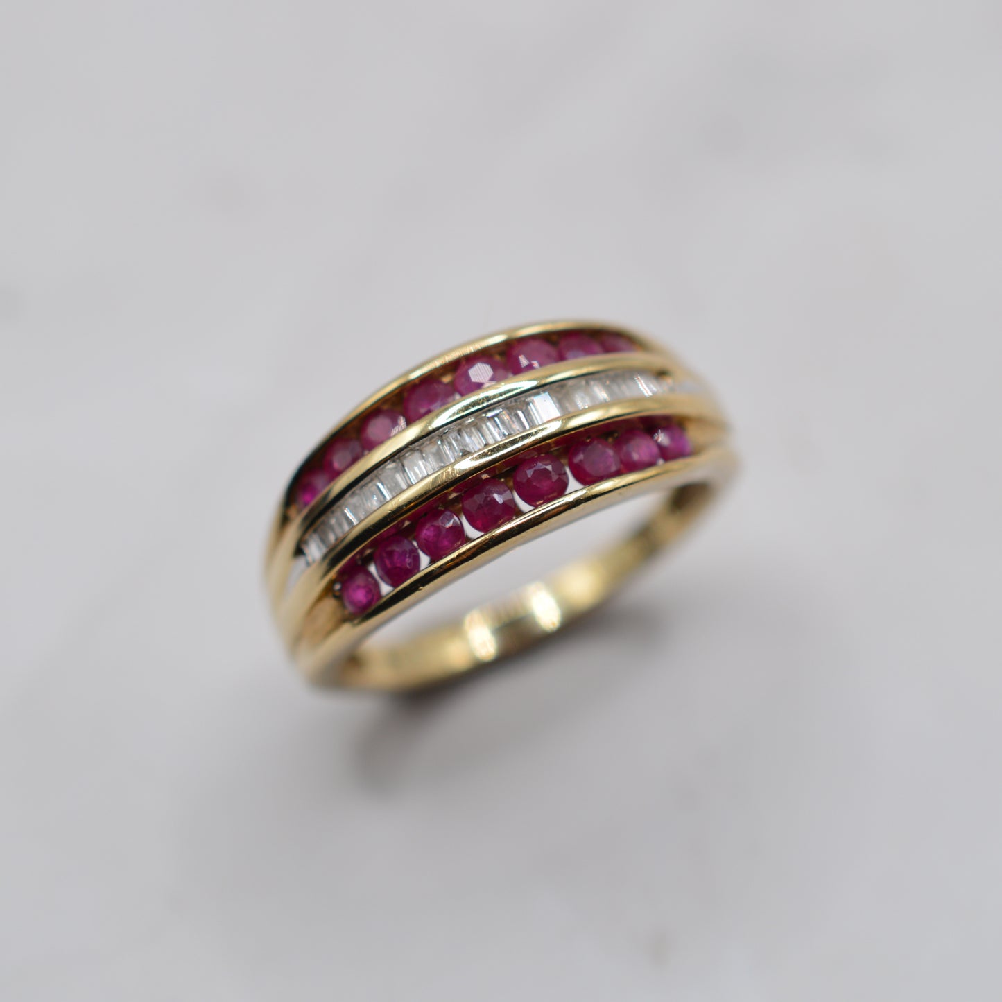 Chunky Y2K Vintage 9ct Gold Ruby & Diamond Triple-Row Ring