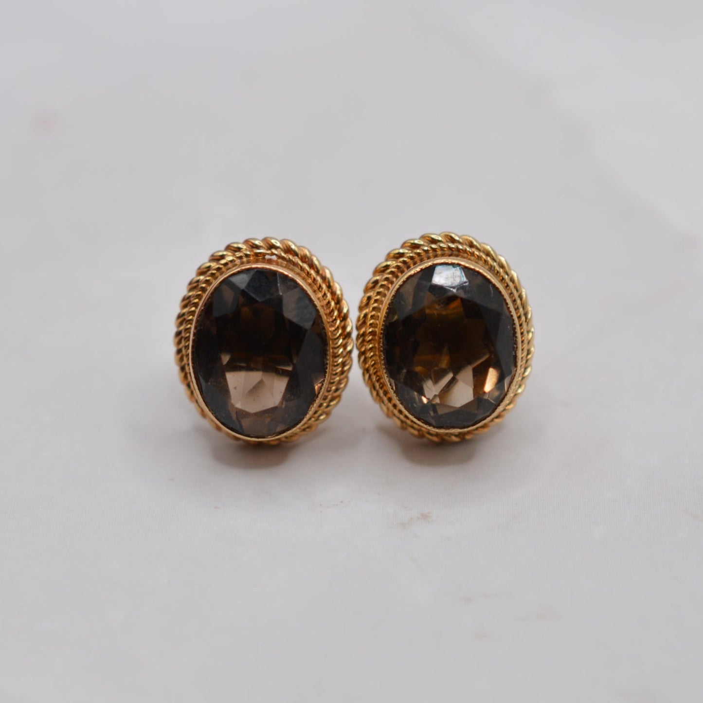 1970s Vintage 9ct Gold Smoky Quartz Earrings with Rope-Twist Border