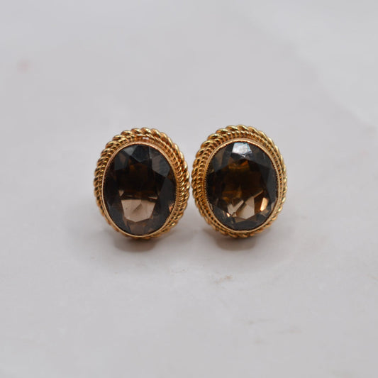 1970s Vintage 9ct Gold Smoky Quartz Earrings with Rope-Twist Border