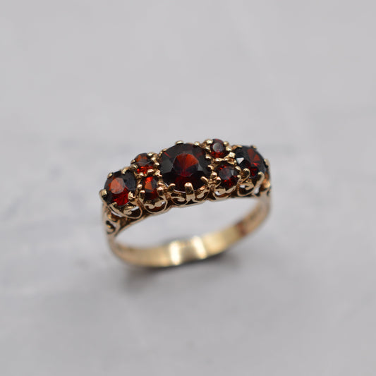 1970s Vintage 9ct Gold Garnet Seven-Stone Ring