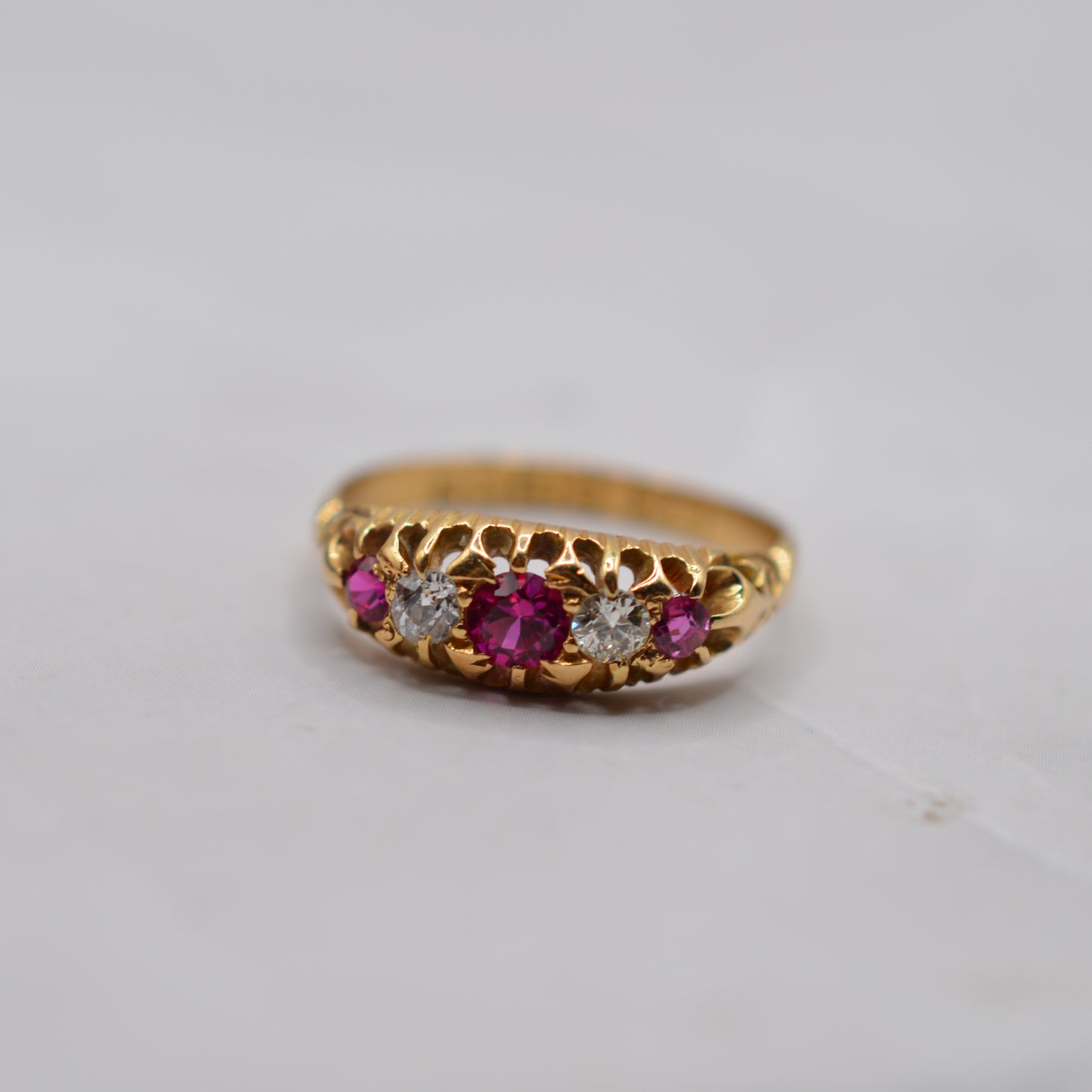 Antique 1907 Edwardian 18ct Gold Ruby & Diamond Five-Stone Ring
