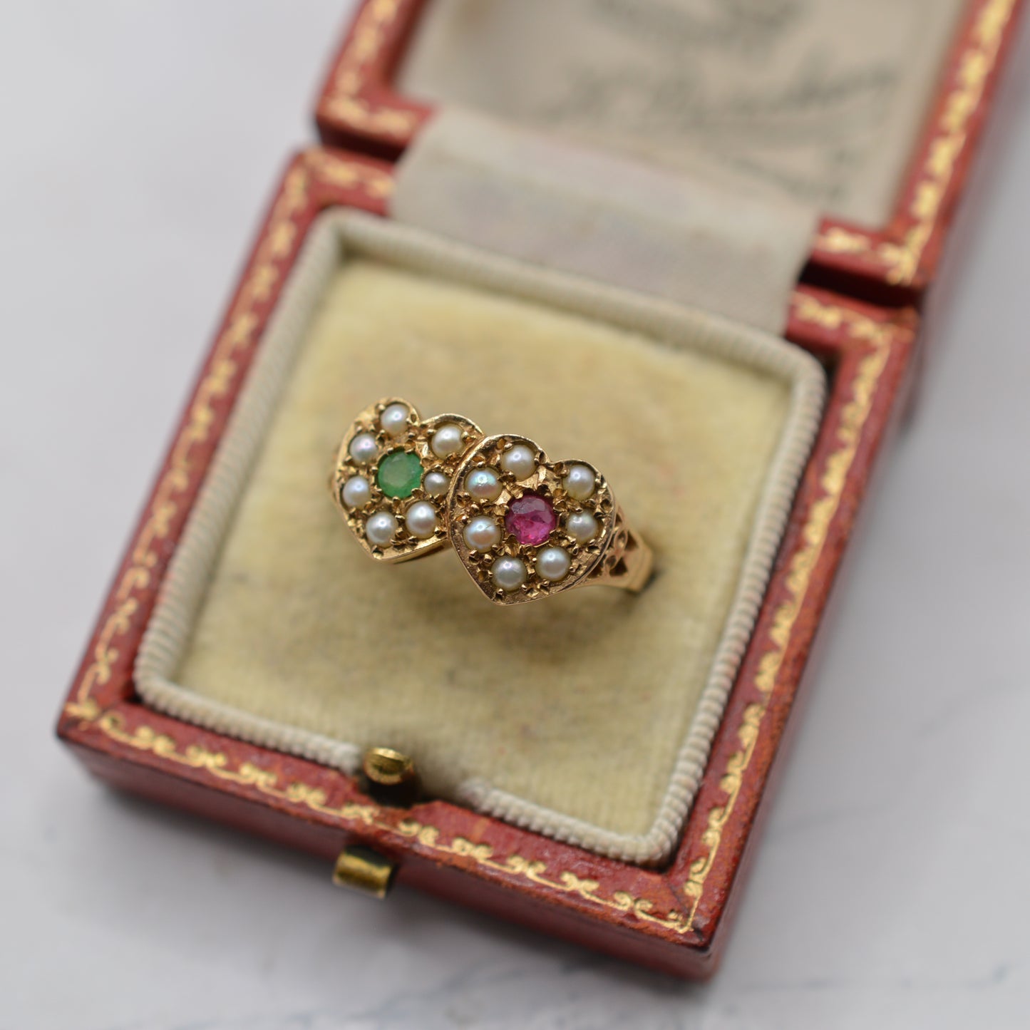 1970s Vintage 9ct Gold Emerald, Ruby & Pearl Double Heart Ring