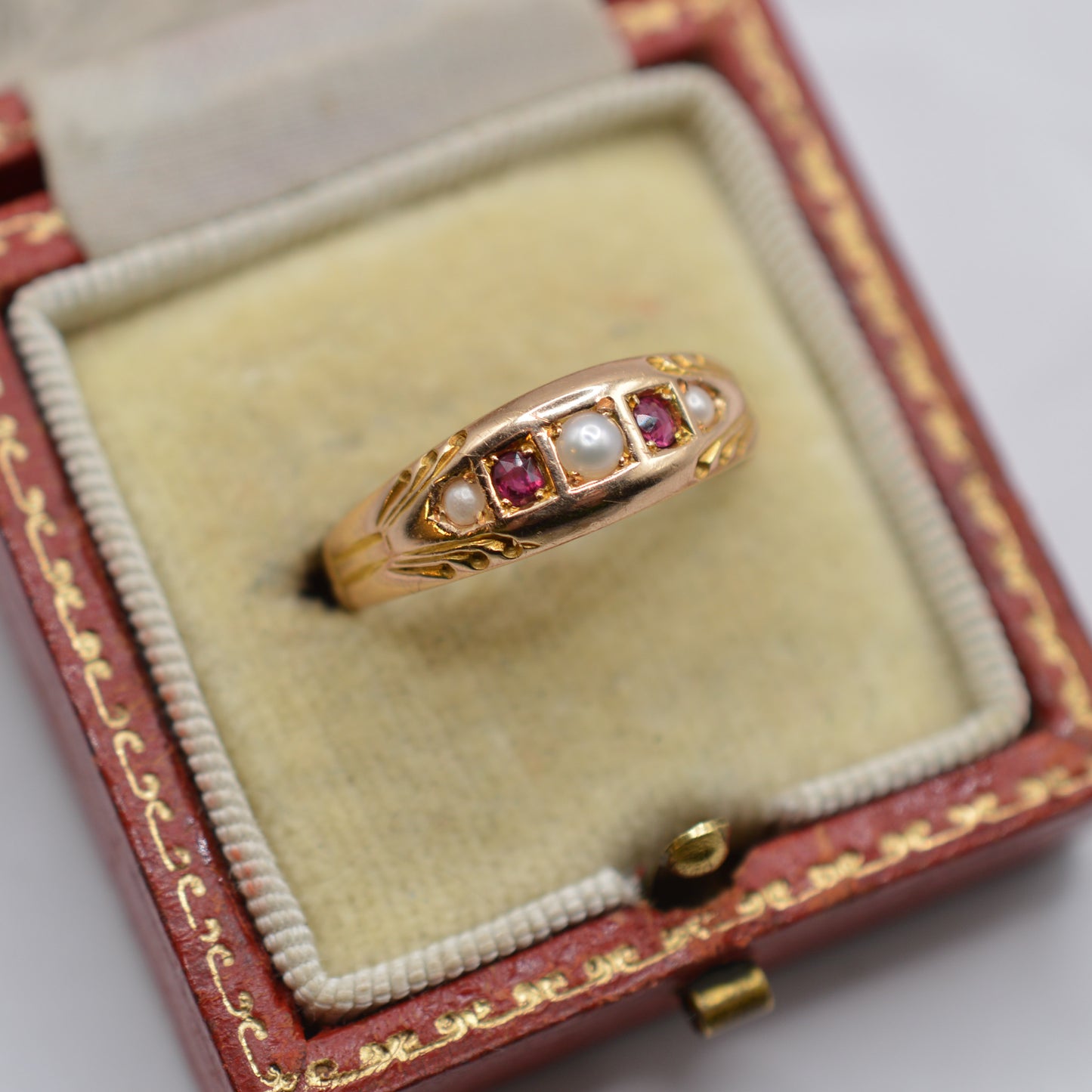 1890s Late Victorian Antique 15ct Gold Ruby & Pearl Gypsy Ring