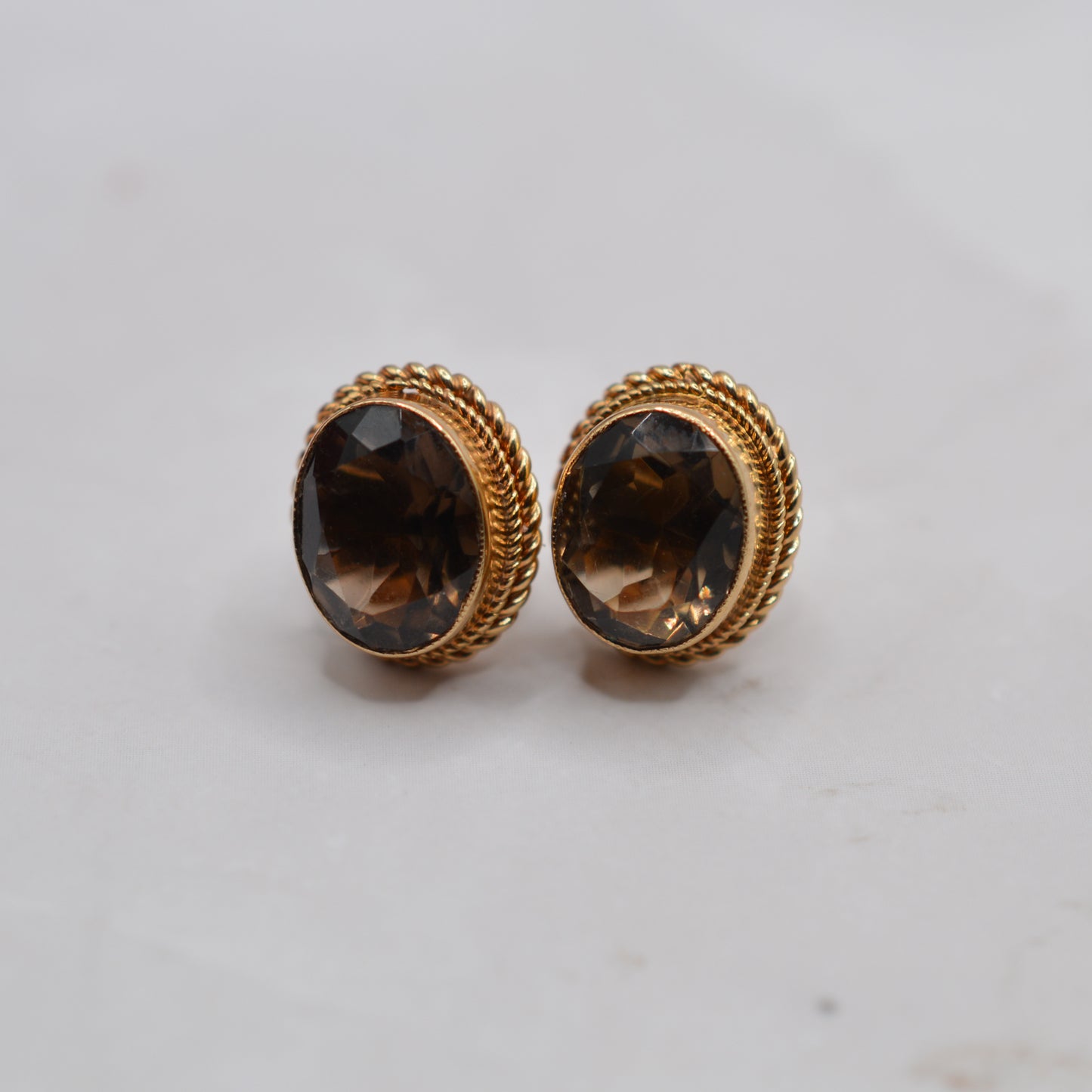1970s Vintage 9ct Gold Smoky Quartz Earrings with Rope-Twist Border