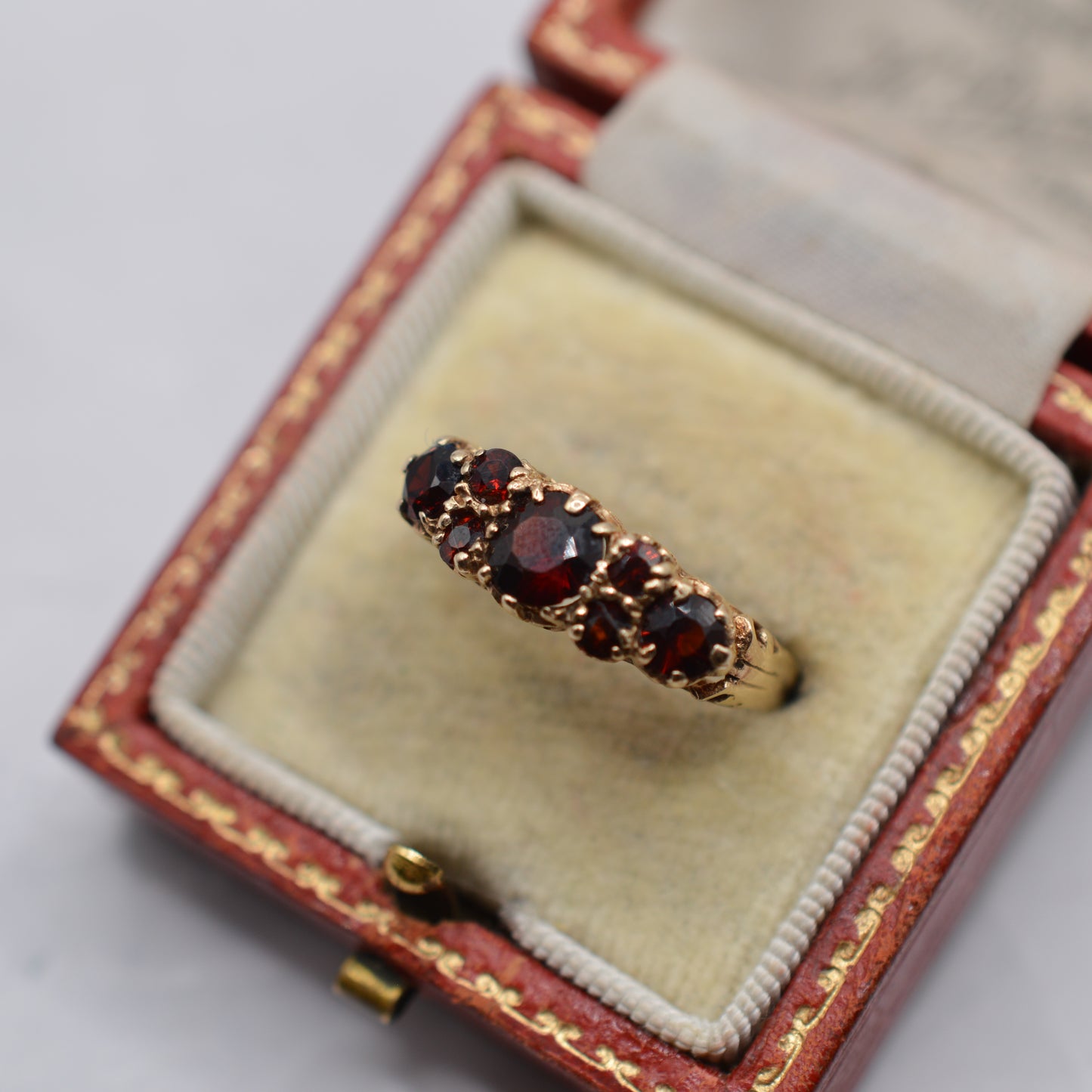 1970s Vintage 9ct Gold Garnet Seven-Stone Ring