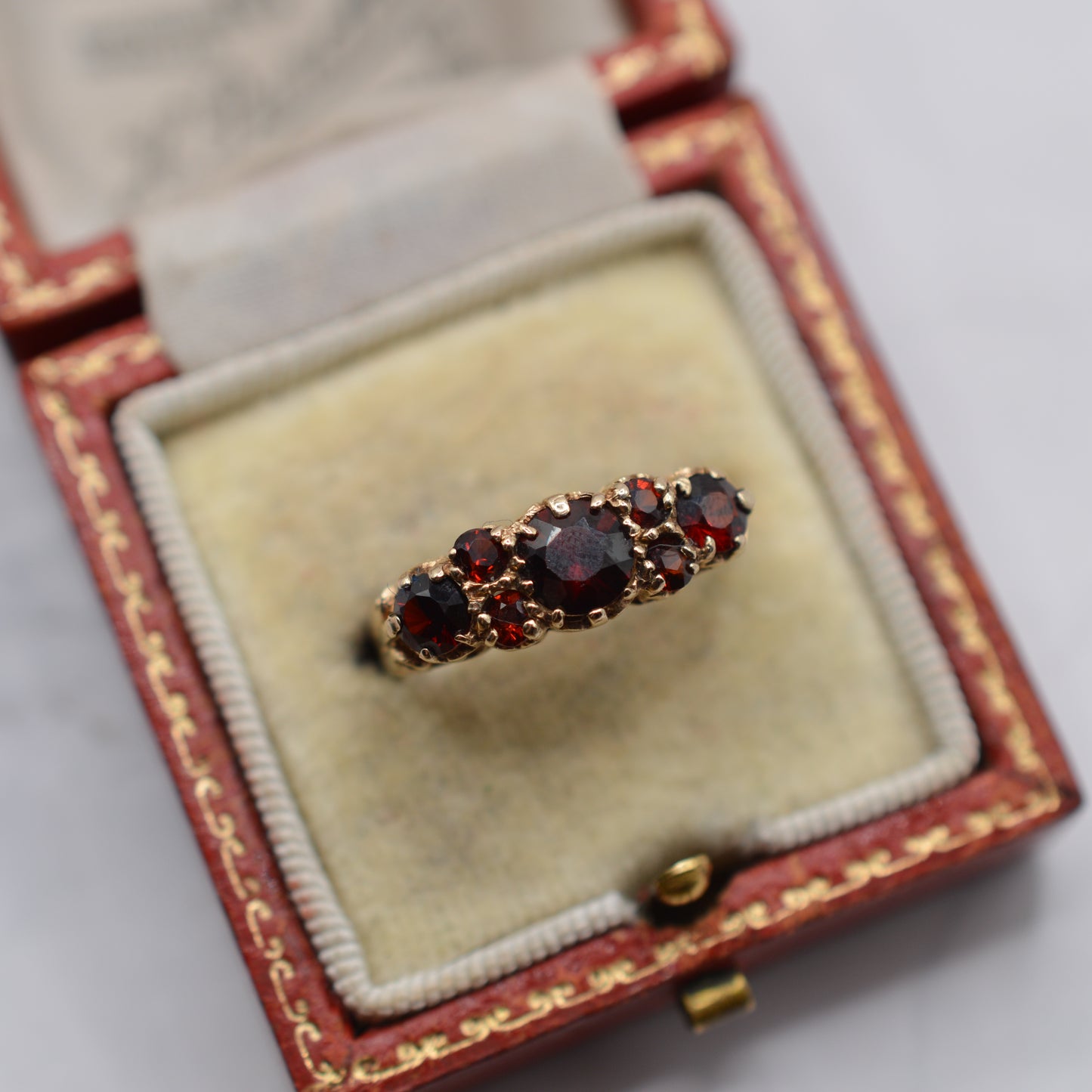 1970s Vintage 9ct Gold Garnet Seven-Stone Ring