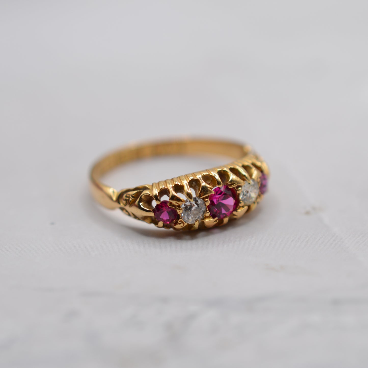 Antique 1907 Edwardian 18ct Gold Ruby & Diamond Five-Stone Ring