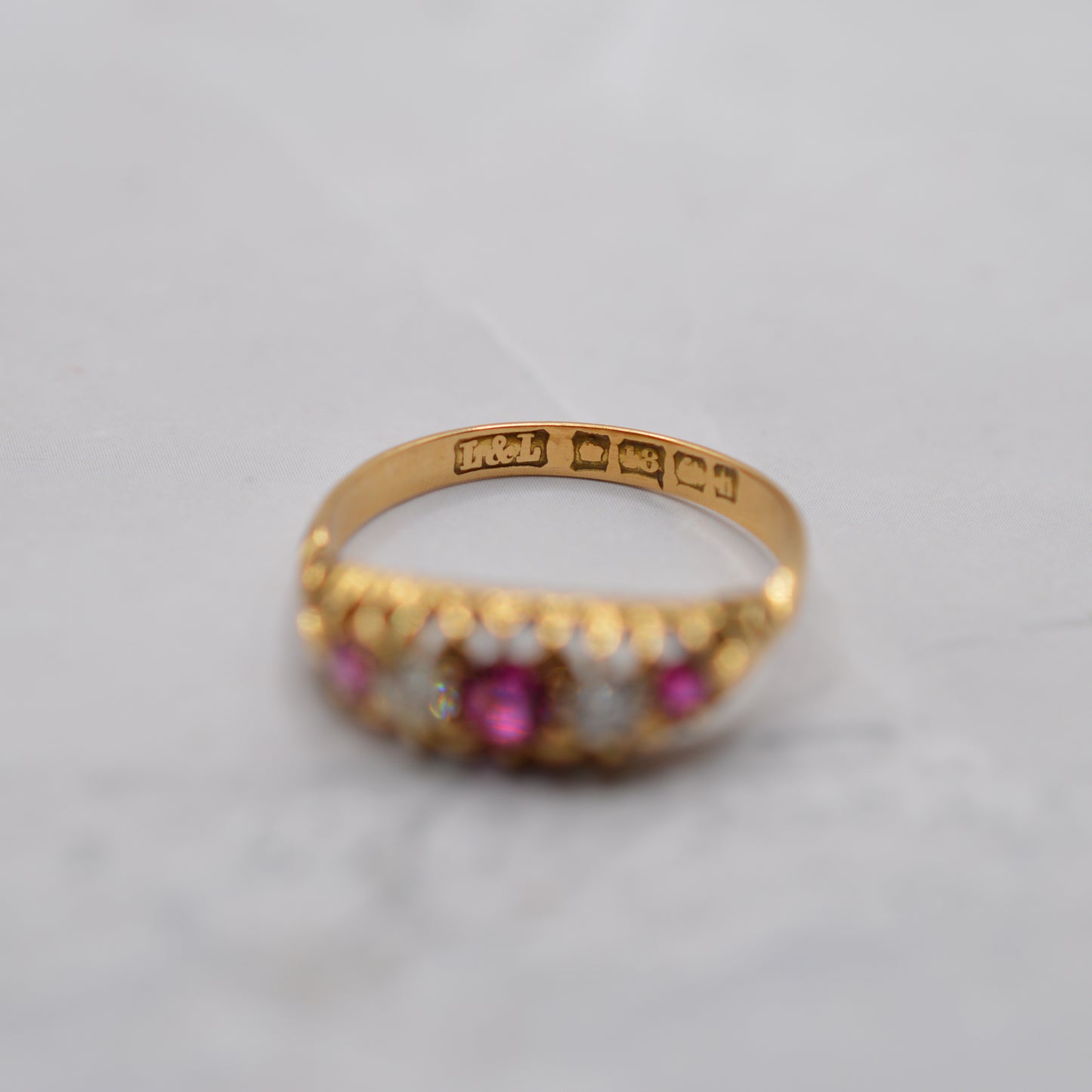Antique 1907 Edwardian 18ct Gold Ruby & Diamond Five-Stone Ring