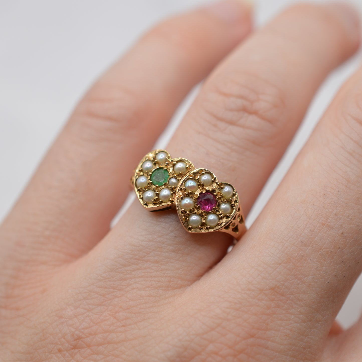 1970s Vintage 9ct Gold Emerald, Ruby & Pearl Double Heart Ring