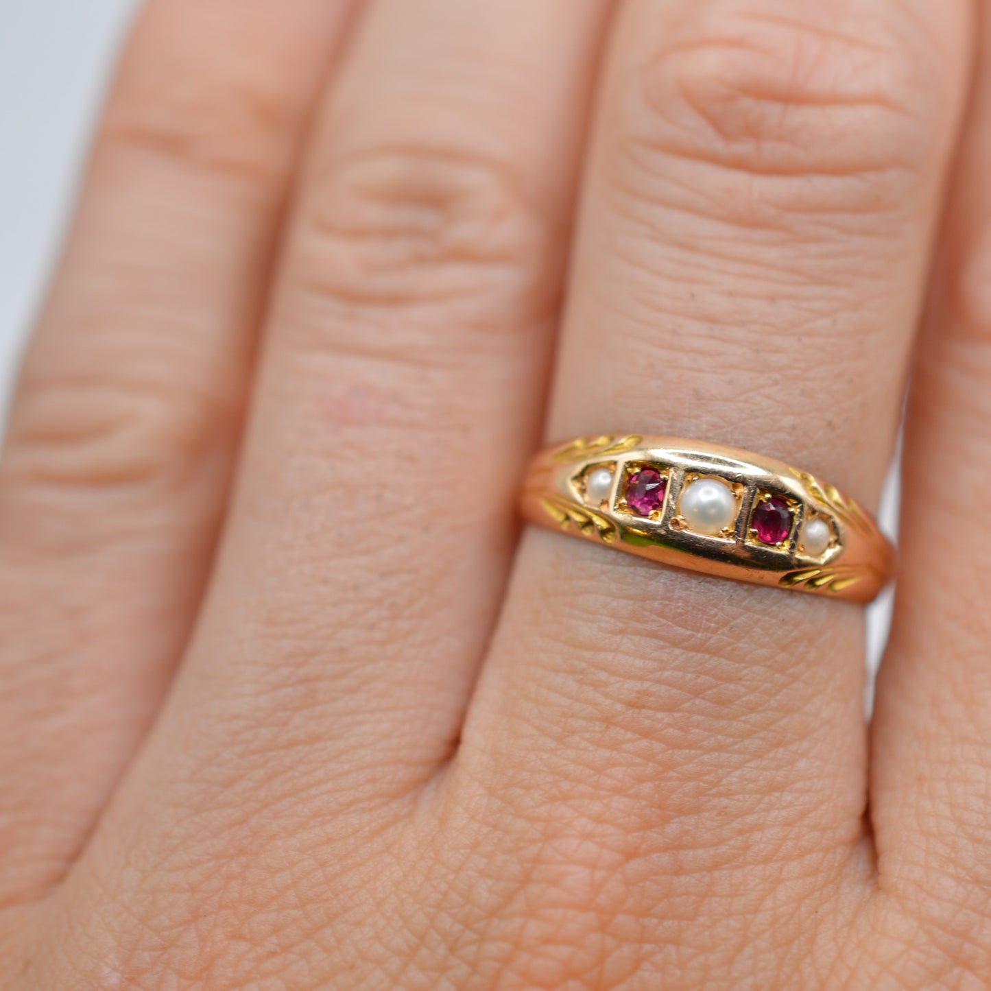 1890s Late Victorian Antique 15ct Gold Ruby & Pearl Gypsy Ring