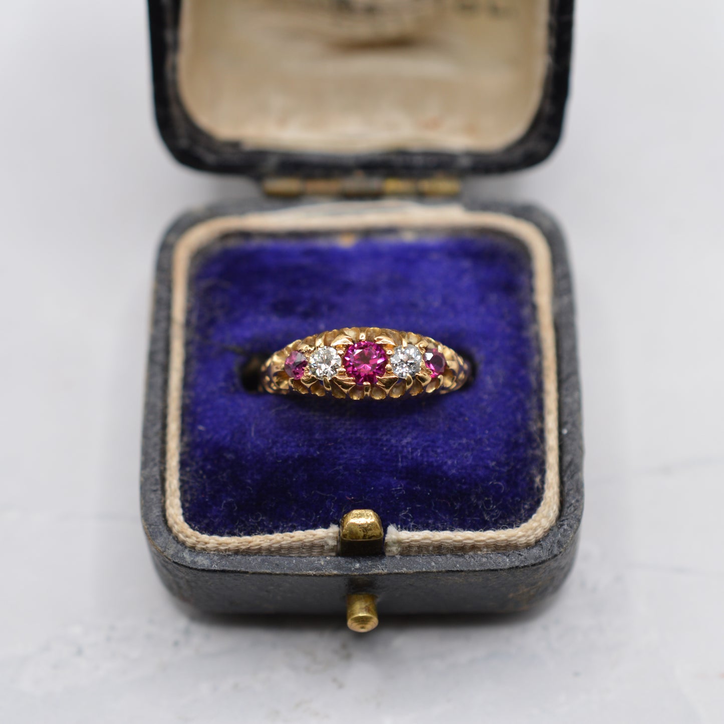 Antique 1907 Edwardian 18ct Gold Ruby & Diamond Five-Stone Ring