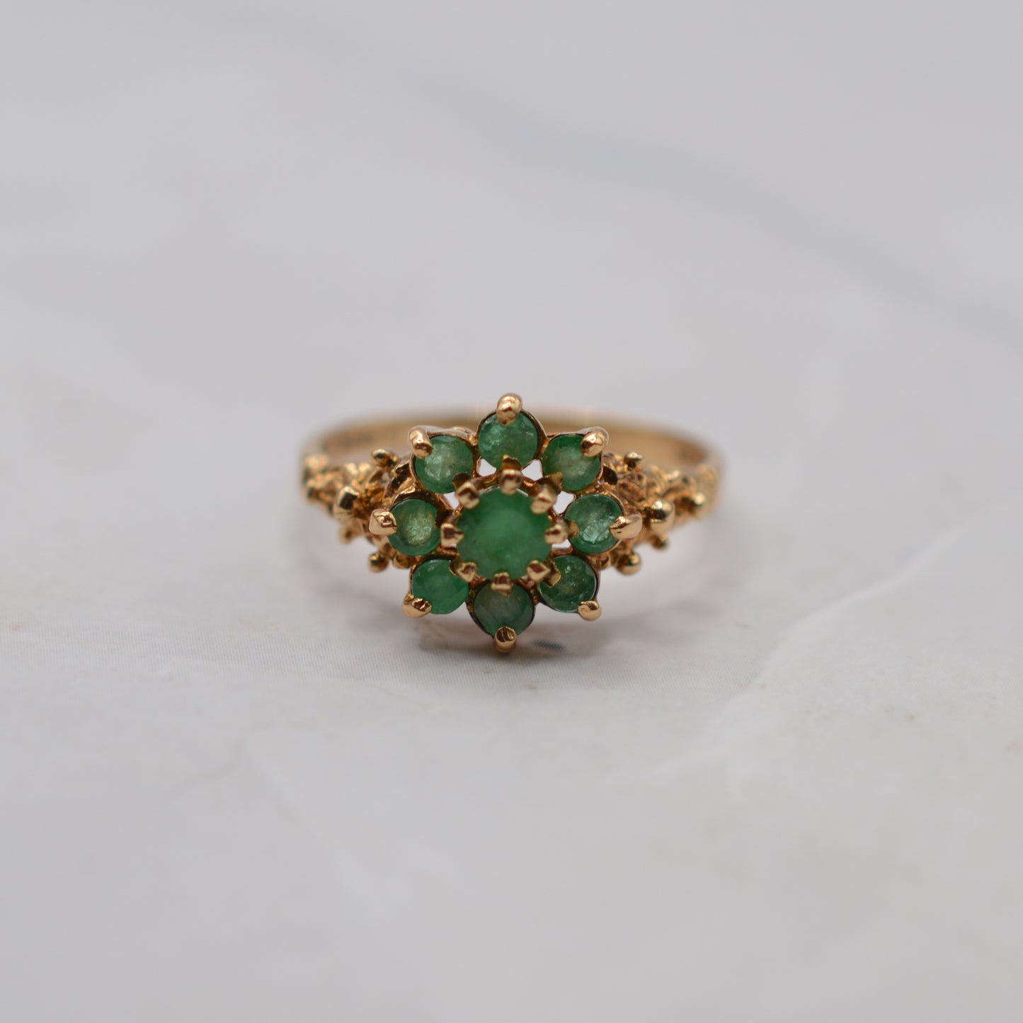 1970s Vintage 9ct Gold Emerald Cluster Ring