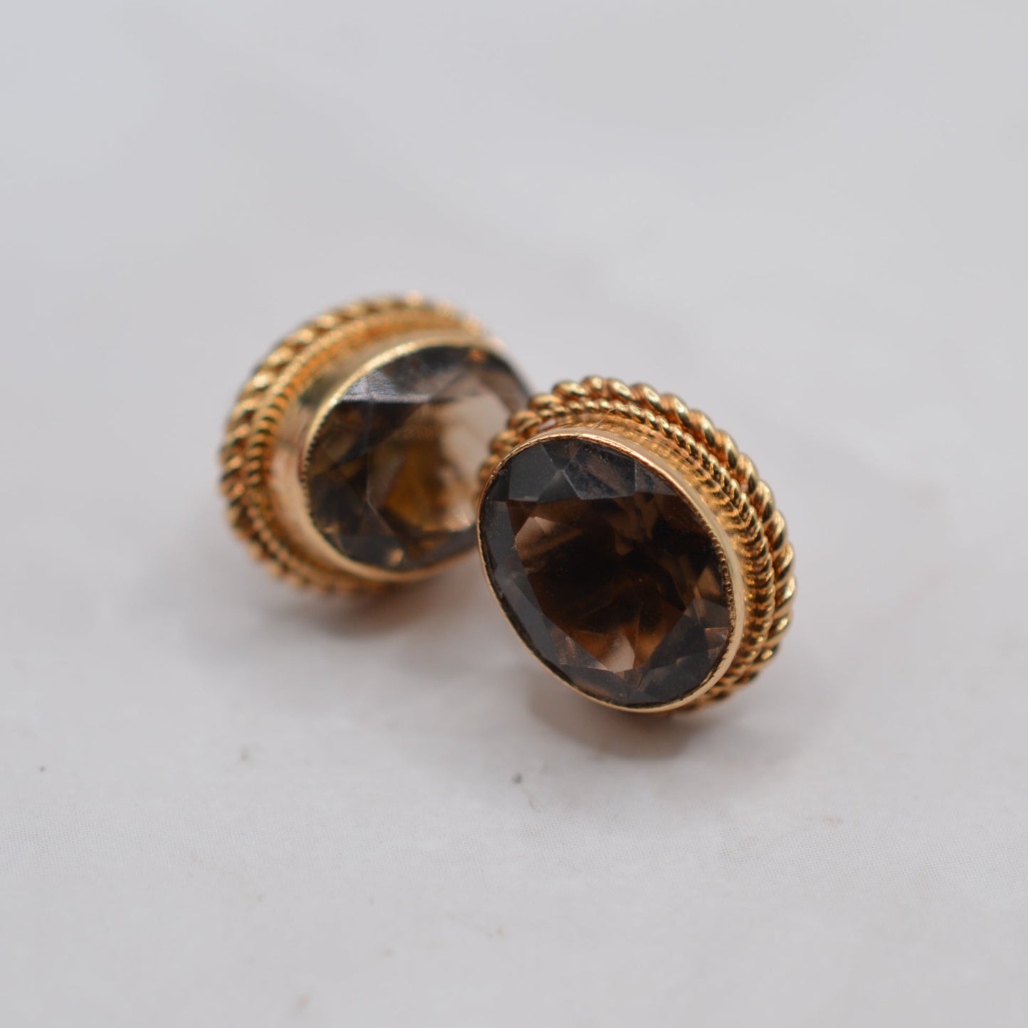 1970s Vintage 9ct Gold Smoky Quartz Earrings with Rope-Twist Border
