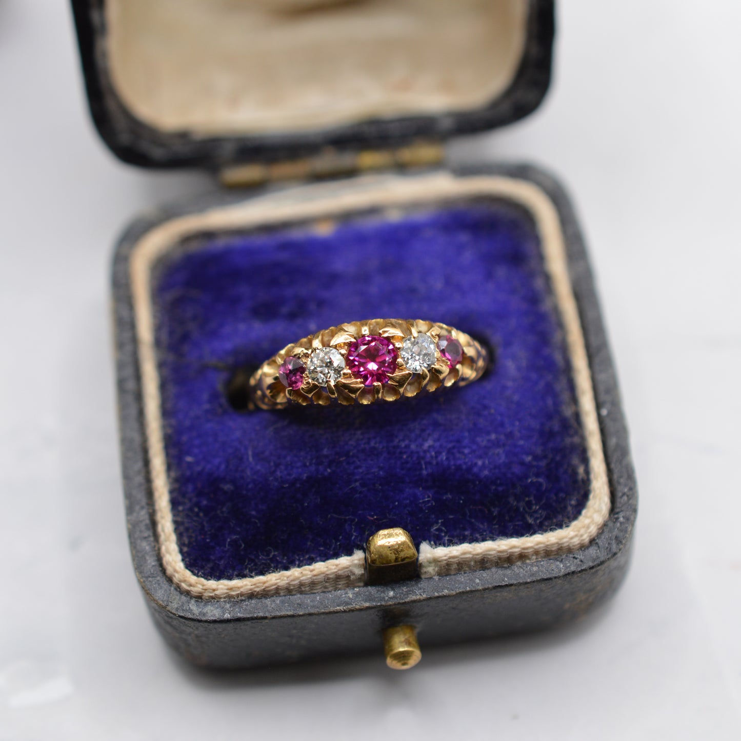 Antique 1907 Edwardian 18ct Gold Ruby & Diamond Five-Stone Ring