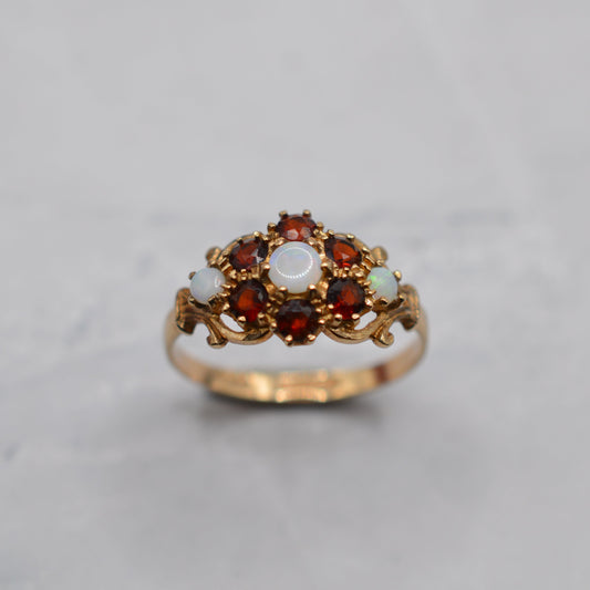 1980s 9ct Gold Opal & Garnet Floral Cluster Ring
