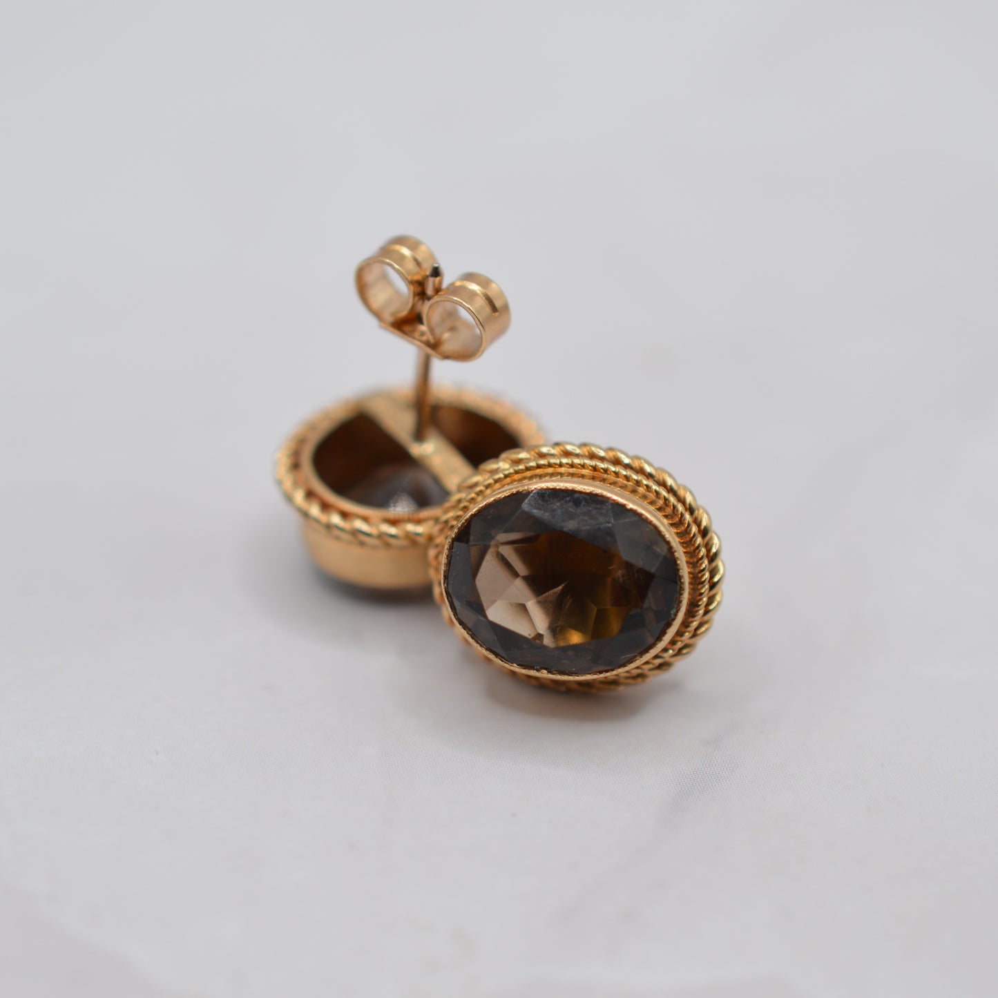 1970s Vintage 9ct Gold Smoky Quartz Earrings with Rope-Twist Border