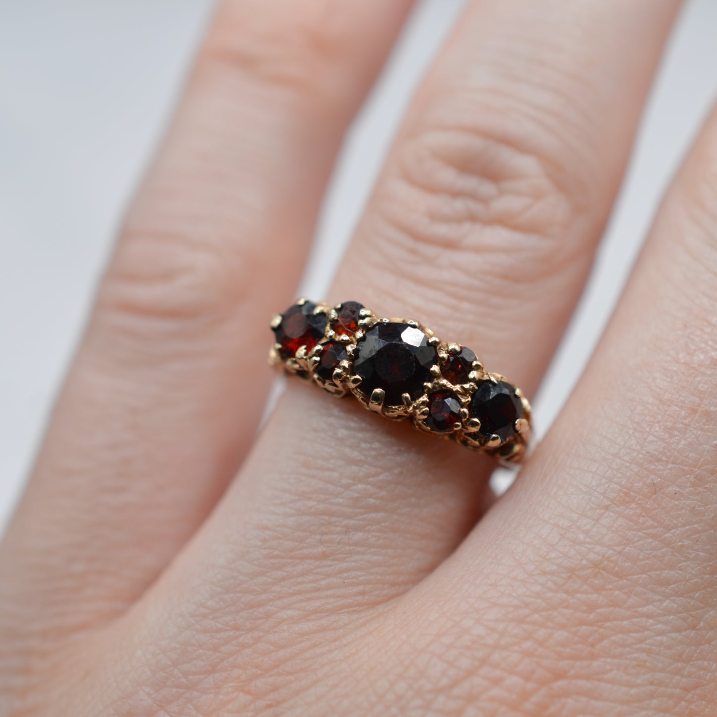 1970s Vintage 9ct Gold Garnet Seven-Stone Ring