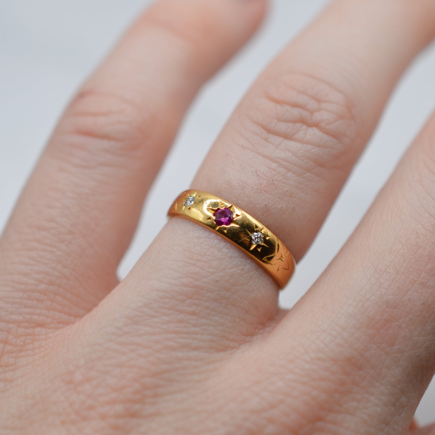 1950s Vintage 22ct Gold Ruby & Diamond Gypsy Trilogy Ring