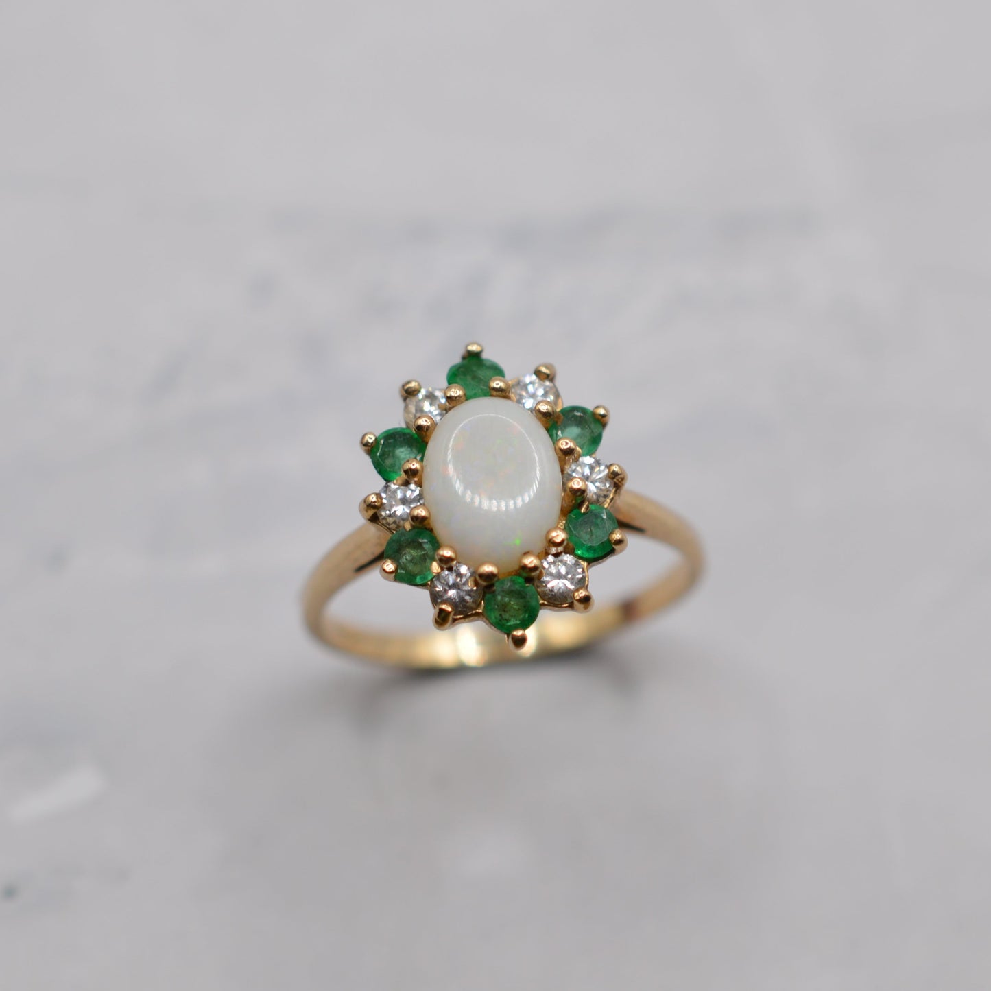 9ct Gold Opal, Emerald & CZ Cluster Ring