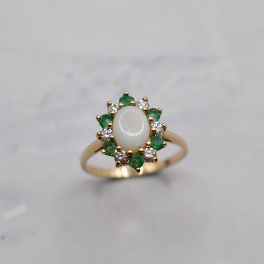 9ct Gold Opal, Emerald & CZ Cluster Ring