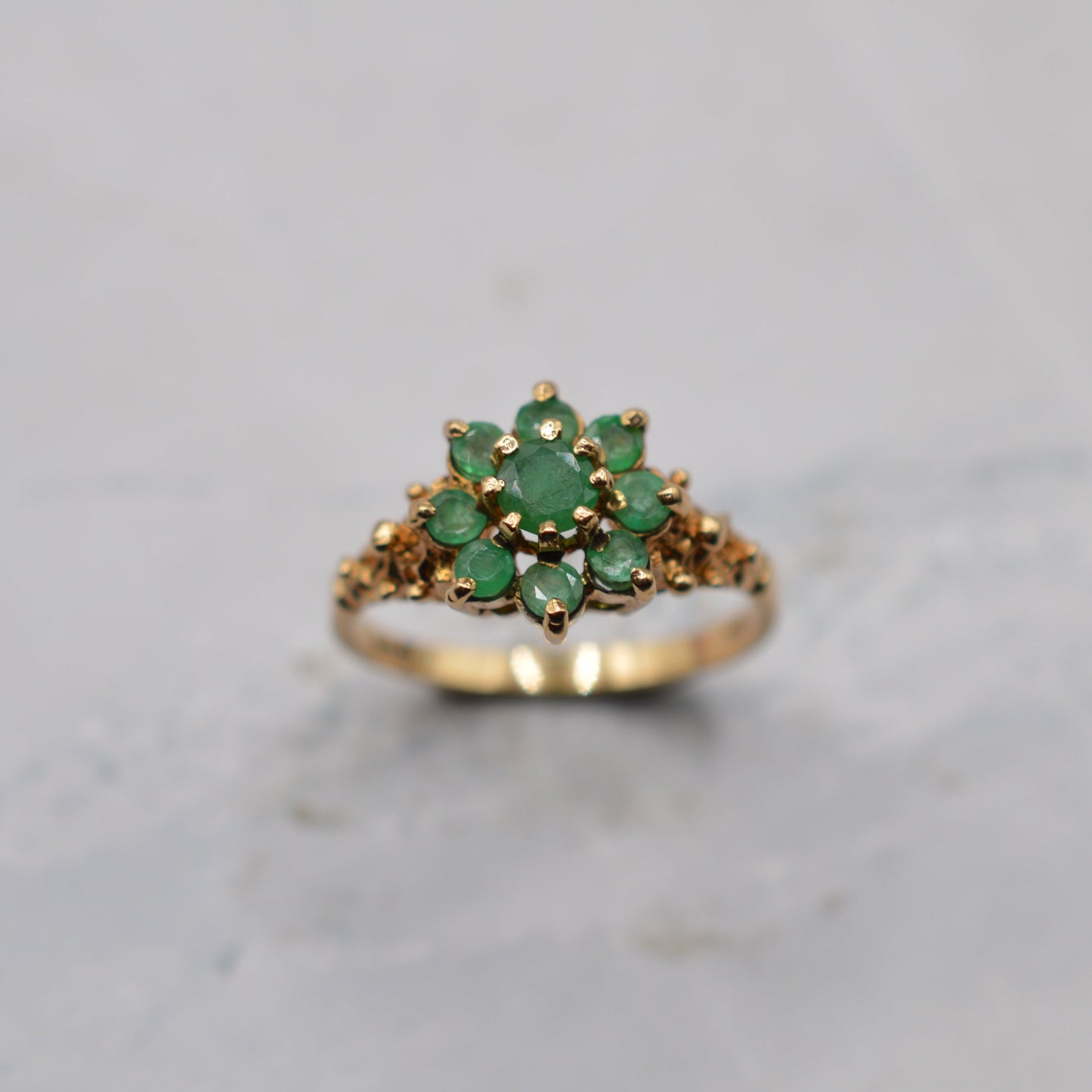 1970s Vintage 9ct Gold Emerald Cluster Ring