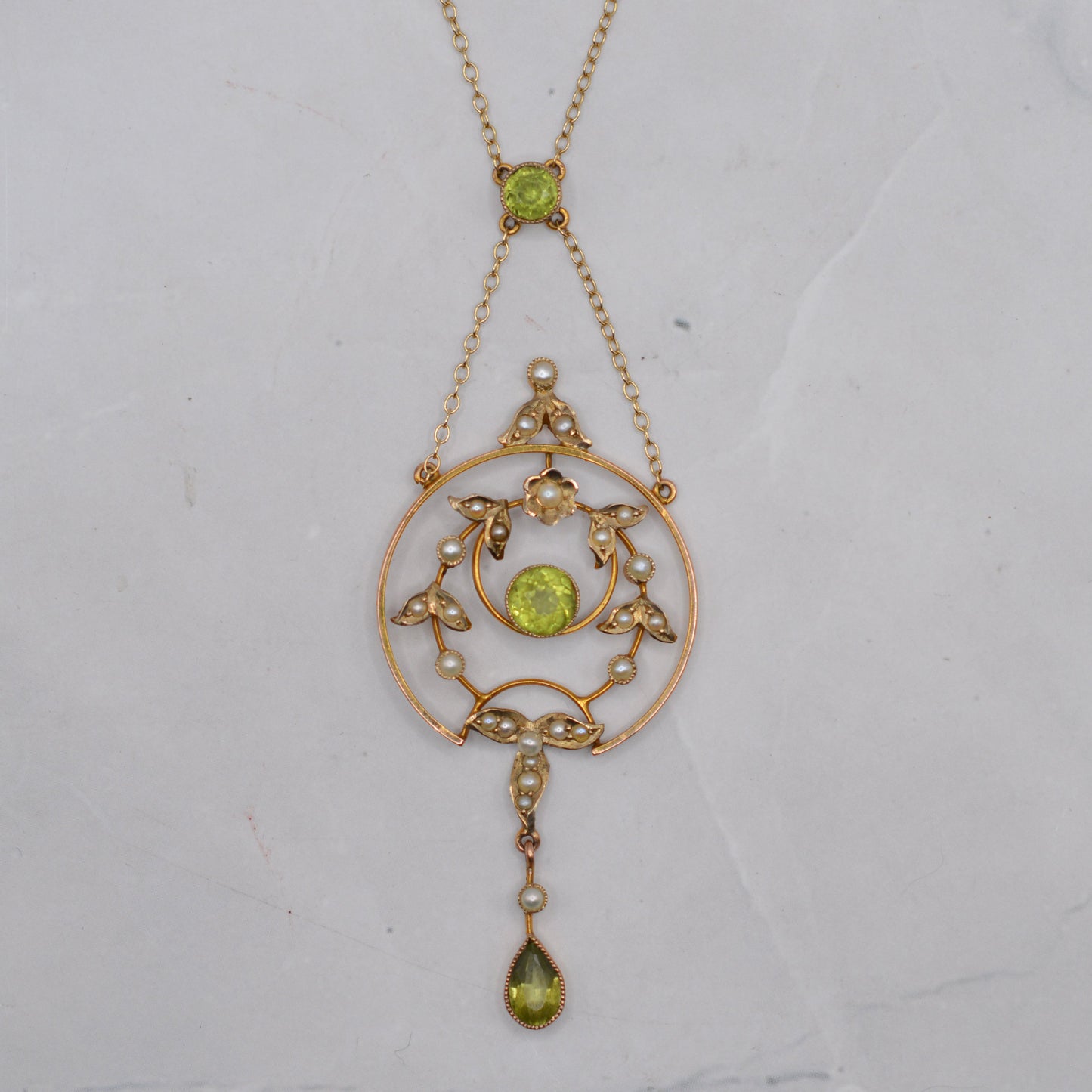 Antique Art Nouveau 9ct Gold Pearl & Peridot Lavalier Necklace (17”)