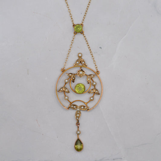 Antique Art Nouveau 9ct Gold Pearl & Peridot Lavalier Necklace (17”)