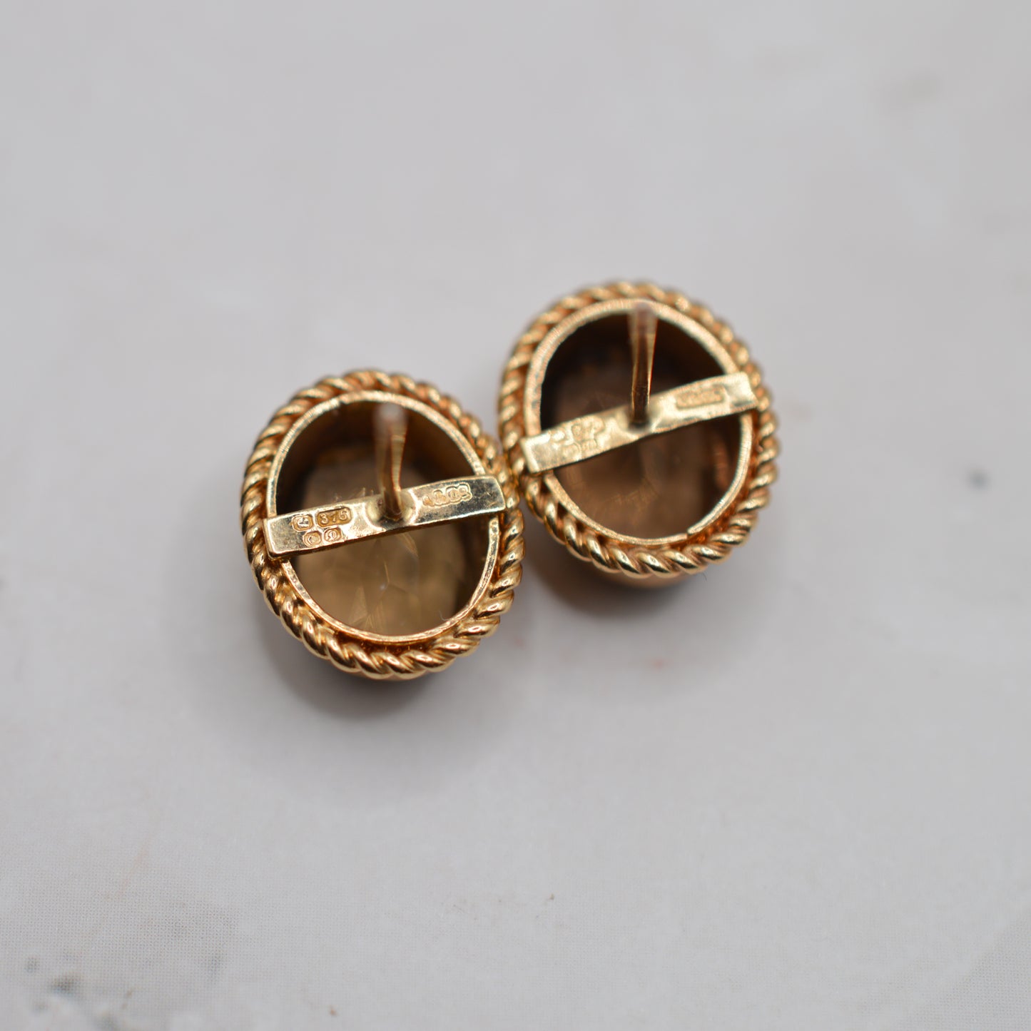 1970s Vintage 9ct Gold Smoky Quartz Earrings with Rope-Twist Border